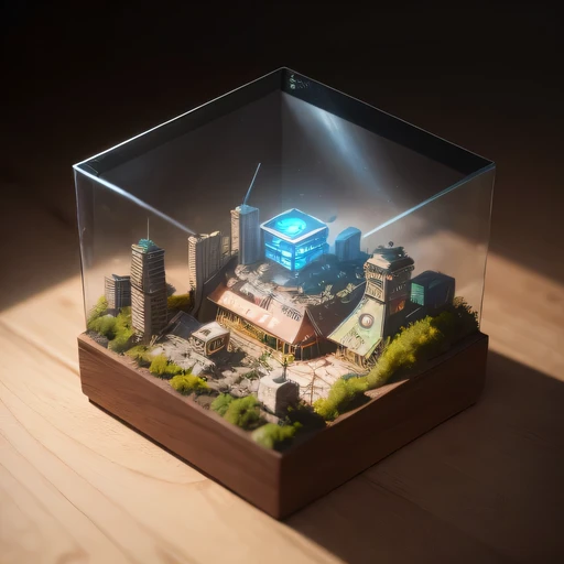small realistic model, (bifurcation, original photo, best quality, masterpiece:1.4),Steampunk Cyberpunk 2916,(Cyberpunk light:1.3),on the table,horizon (related to land),(in a small nature box:1.3),Isometric, small nature, landscape on foundation,landscape,Distant focus((Lunar soil background))