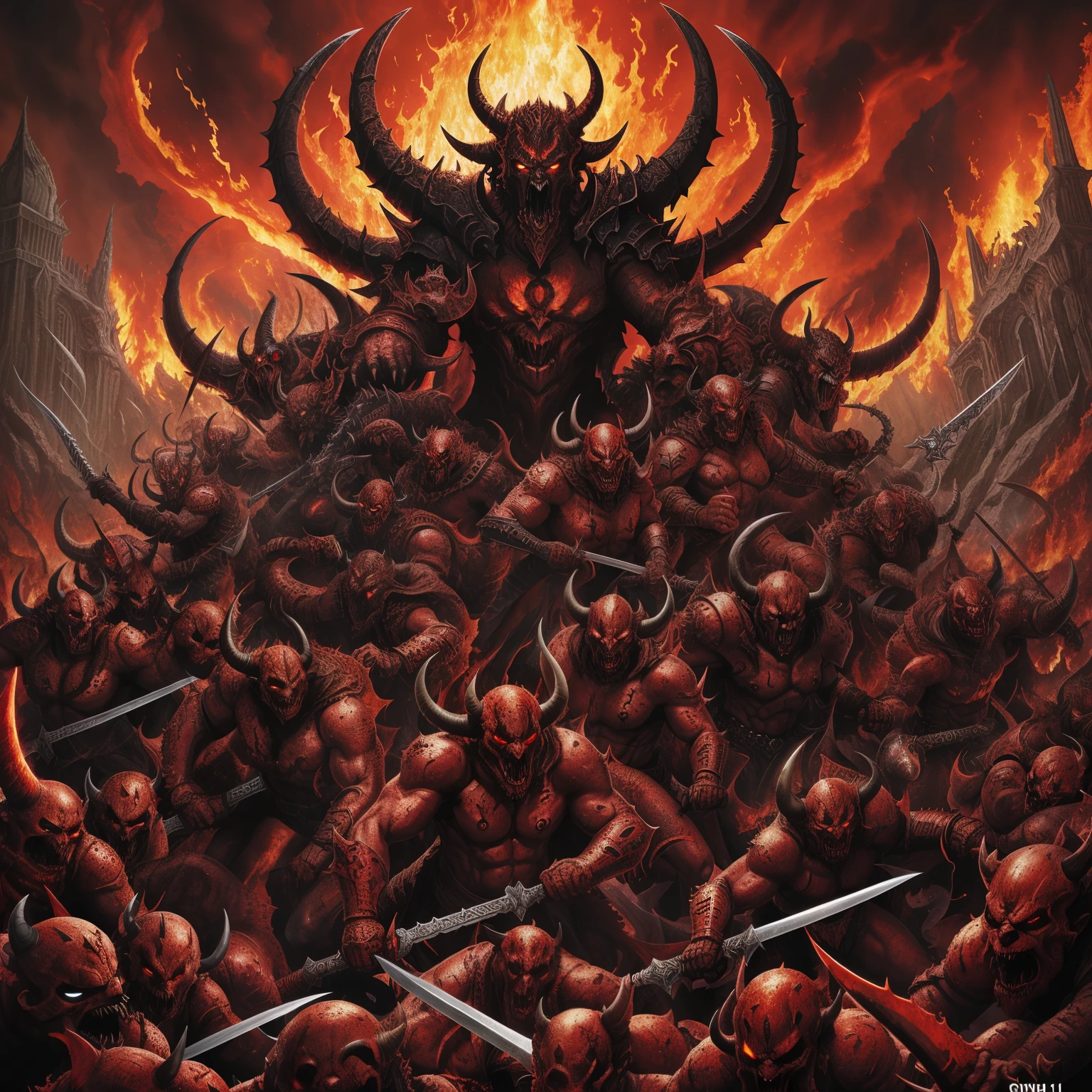 a close-up of a large group of demonic men with swords, the final battle no inferno, demons from hell, satan no inferno, khorne, Rei do inferno, fundo do inferno, hell scene, no inferno, Tema Doom Hell, Dagoth seu, death metal album cover, the Rei do inferno, Diabo, inferno grotesco, burning no inferno