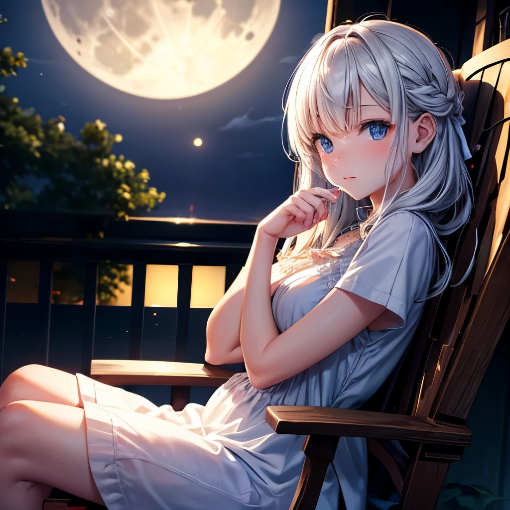 A sits down and looks at the full moon in the sky at midnight
