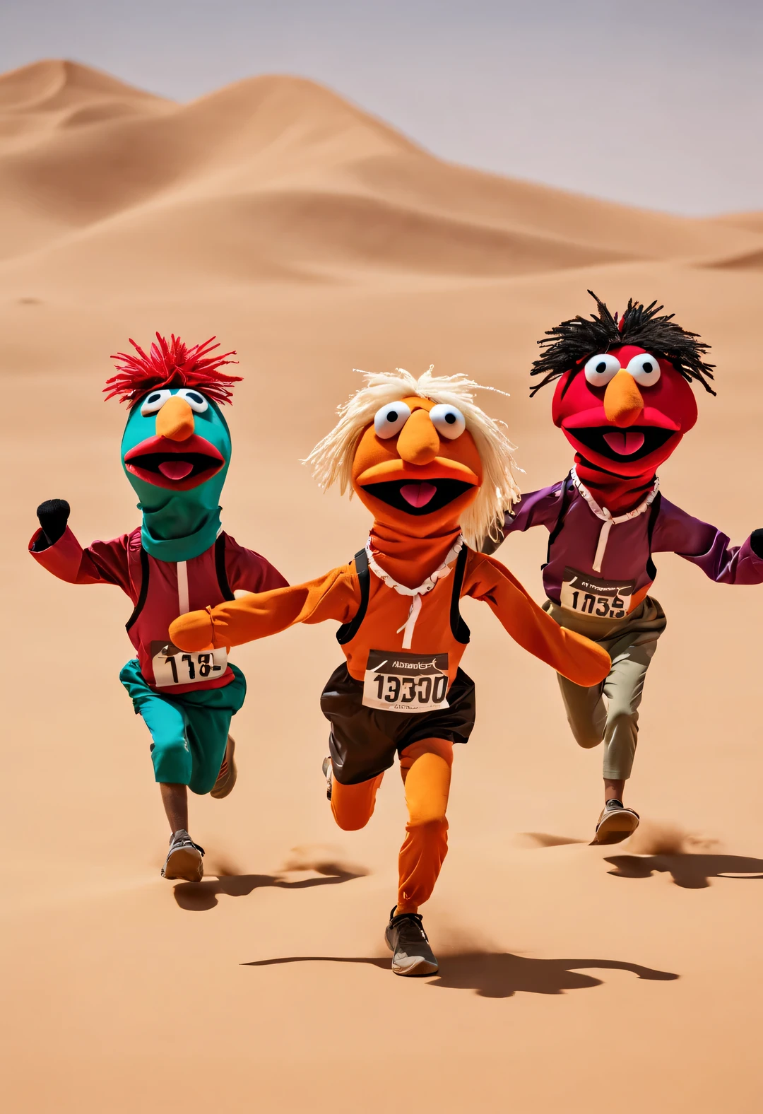 Puppet running a marathon in the desert, with running action, dynamic action, and rampage