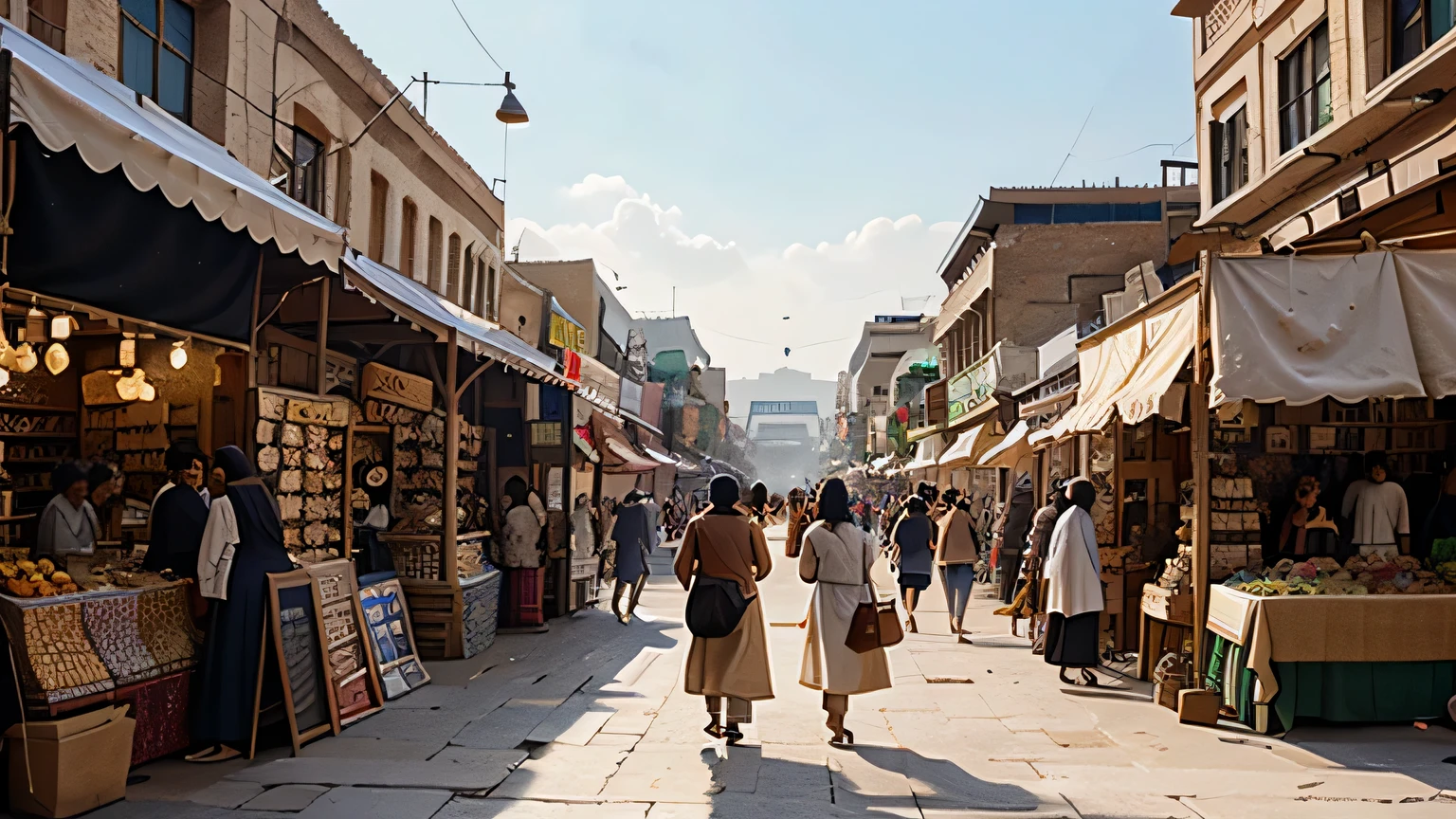 Illustrate a bustling marketplace scene filled with diverse characters going about their daily lives, capturing the essence of ancient Persian culture.