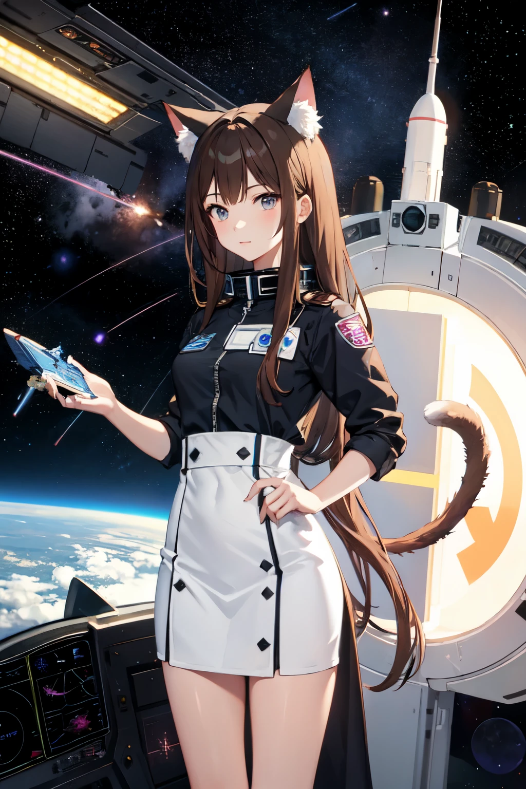 neko, cat ears, cat tail, one tail, brown hair, 1girl, black dress, sakura view, colony view, city view, anatomically correct, masterpiece, space station 13, pilot lieutenante, catgirl, space, space ship, space ship bridge, long hair, adult character, name badge