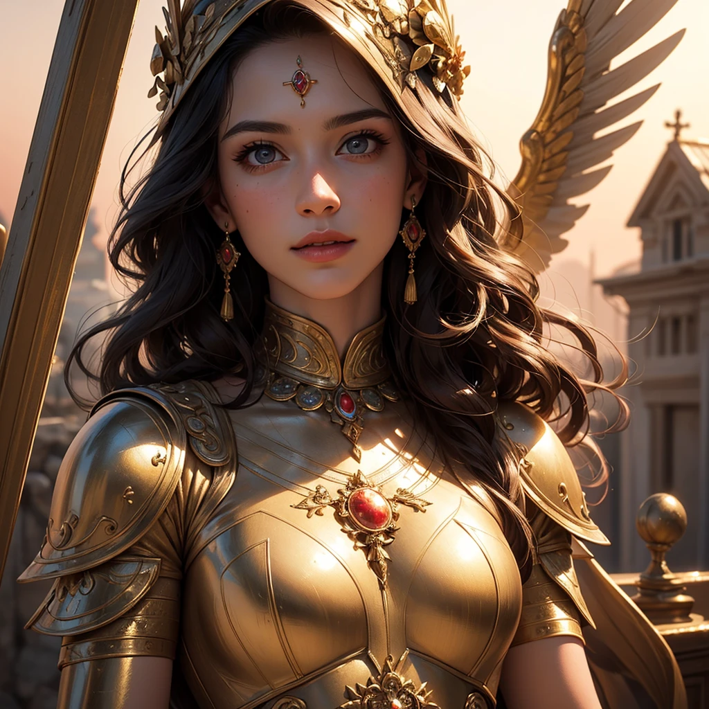 (best quality,4k,8k,highres,masterpiece:1.2),ultra-detailed,(realistic,photorealistic,photo-realistic:1.37),traditional painting,portrait,beautiful detailed eyes,beautiful detailed lips,extremely detailed face,warrior goddess,long flowing hair,wisdom,charming smile,Greek mythology,bronze armor,strong and confident posture,elegant gown,golden crown,feathers,shield,sword,victory,divine light,graceful,serene,mythical power,glorious sunrise