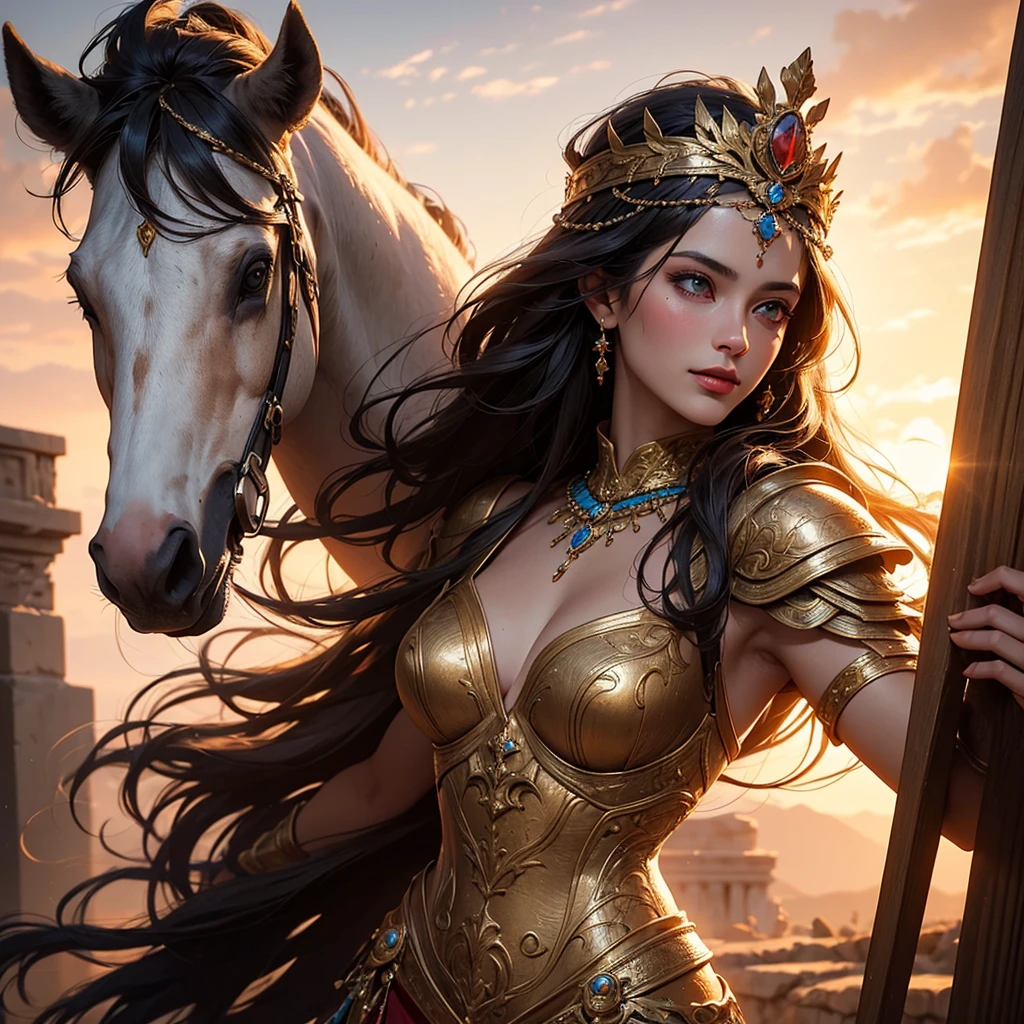 Young Queen Ishtar galloping on horseback, , (Masterpiece, Best Quality, Highres:1.4), Detailed, Intricate Details, 4K ,