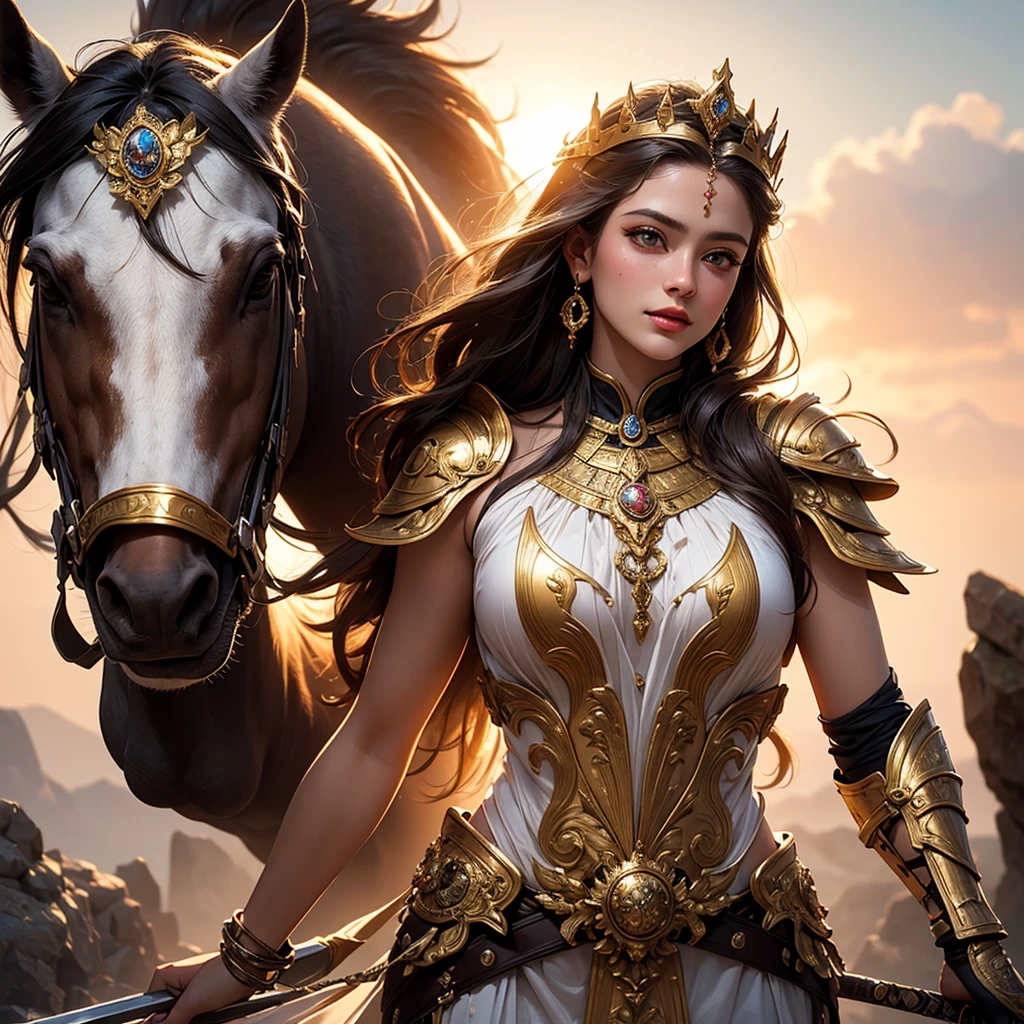 (best quality,4k,8k,highres,masterpiece:1.2),ultra-detailed,(realistic,photorealistic,photo-realistic:1.37),traditional painting,portrait,beautiful detailed eyes,beautiful detailed lips,extremely detailed face,warrior goddess,long flowing hair,wisdom,charming smile,Greek mythology,bronze armor,strong and confident posture,elegant gown,golden crown,feathers,shield,sword,victory,divine light,graceful,serene,mythical power,glorious sunrise