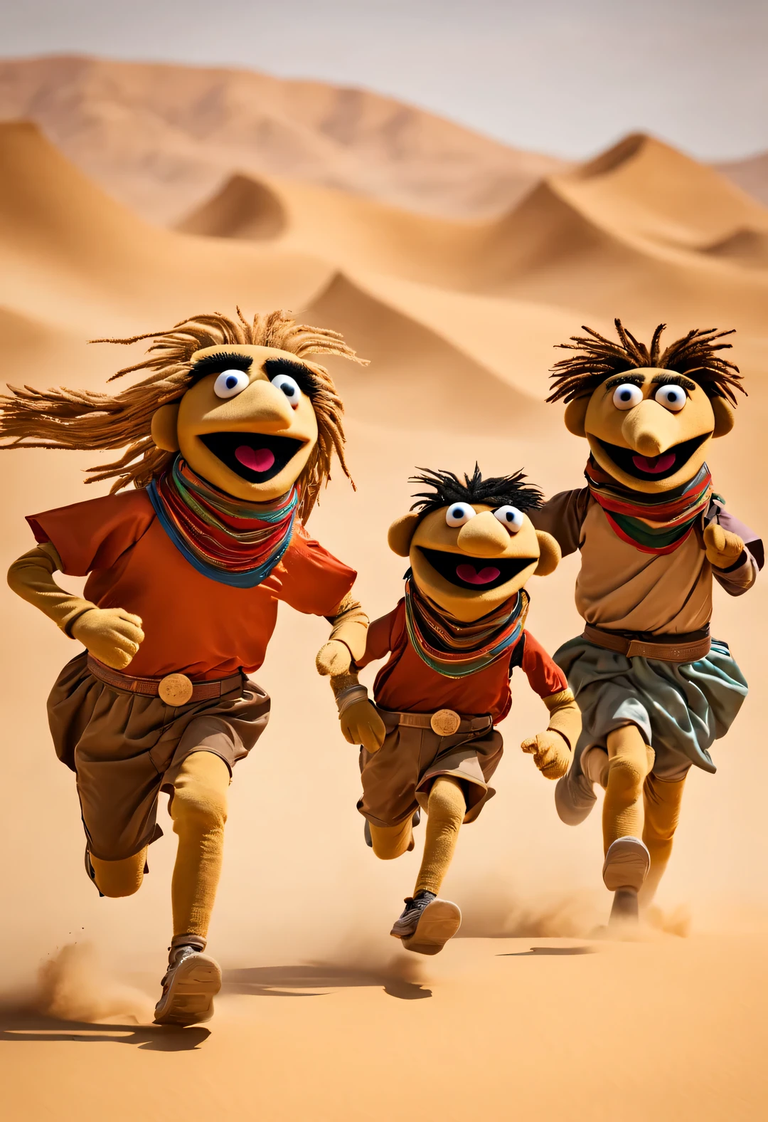 Puppet running a marathon in the desert, with running action, dynamic action, and rampage