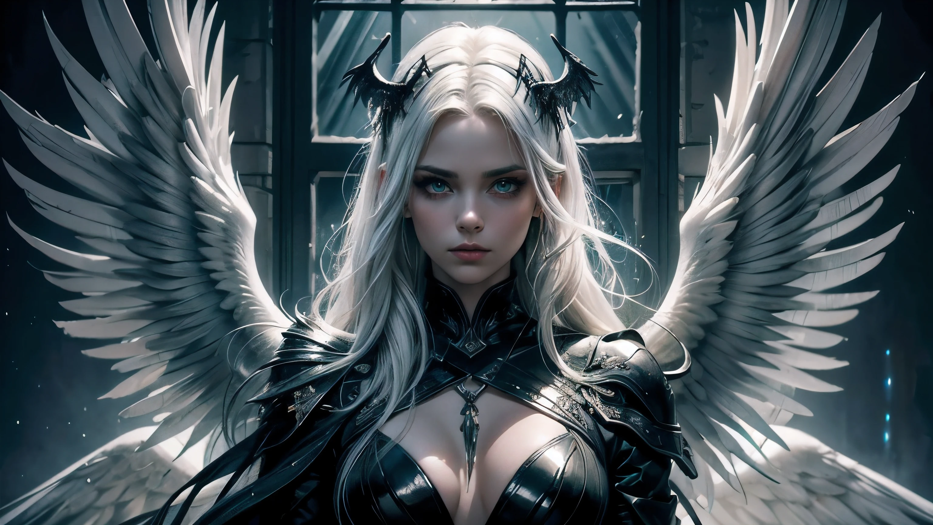 1 mulher, fallen Angel, asas grandes, roupas pretas, Lindo, cabelo branco, Olhar gelado nos olhos, olhos verdes, dramatic pose, seduction pose, olhando para o espectador, yellow lighting from a window, fundo desfocado, Pele texturizada, obra de arte, , papel de parede, luz divina, Dramatic light, twilight, cor pastel, cinematographic, fundo complexo, tronco((maximum quality)), ((high resolution))

