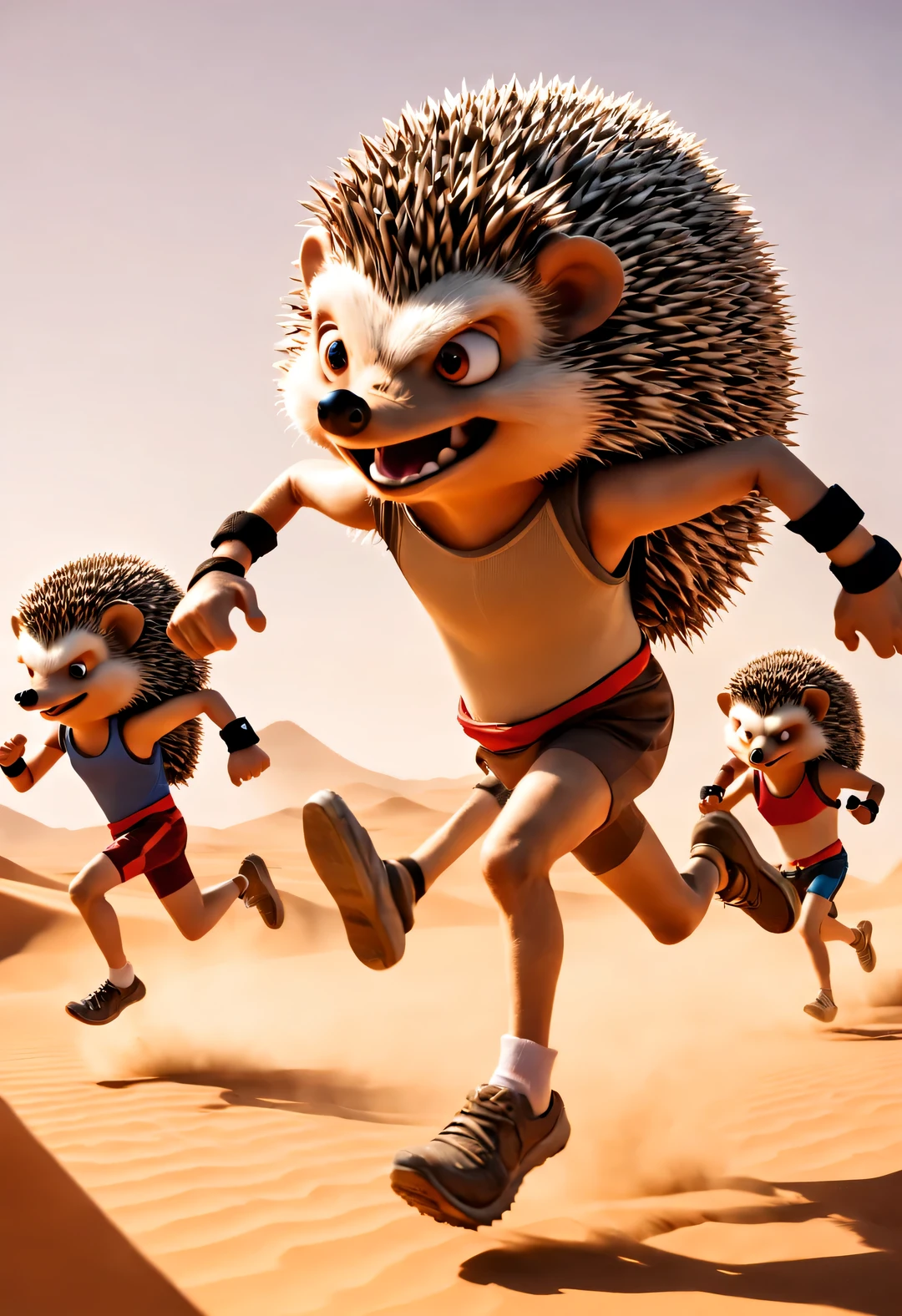 Hedgehog puppet runs marathon in desert, with running action, dynamic action, and rampage