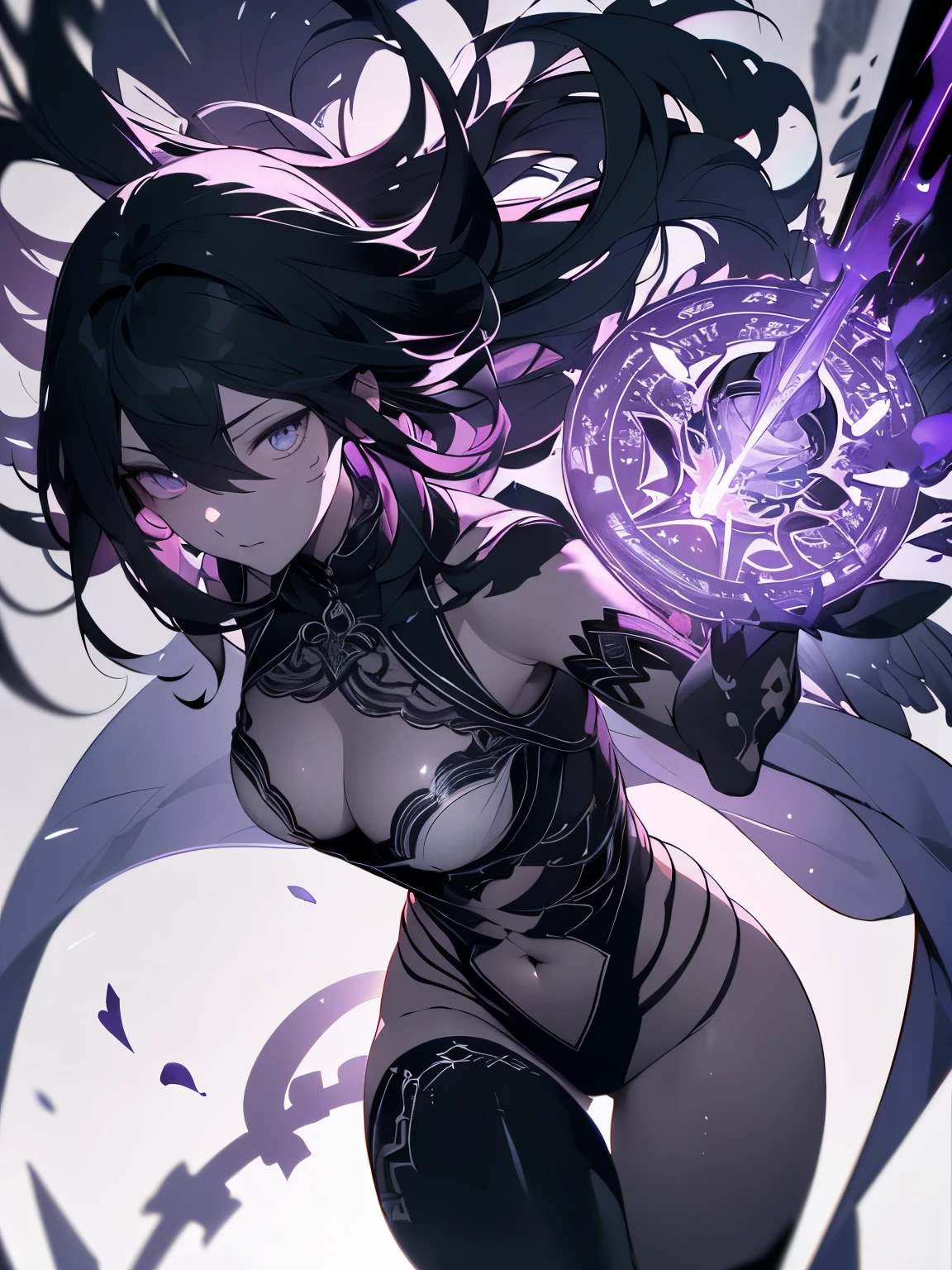 masterpiece, highest quality, ( highest quality, super detailed, best shadow), (detailed background、fantasy,field), (beautiful and detailed face, beautiful and fine eyes,dynamic pose), high contrast, very delicate and beautiful,1 girl, dynamic angle,美しい繊細なshine,whole body, colorful, 1 girl, black hair, ,kill the monster), sword, swordを振るう, Purple Flame, shine, glowing weapon, particles of light, (High leg), chromatic aberration, (detailed background,ダークfantasy), (beautiful and detailed face), high contrast, (best illumination, very delicate and beautiful), ((cinematic light)), colorful, hyper detail, dramatic light, intricate details, Depth of bounds written,magic circle,(skeleton,skeletonメイル、Straight two)