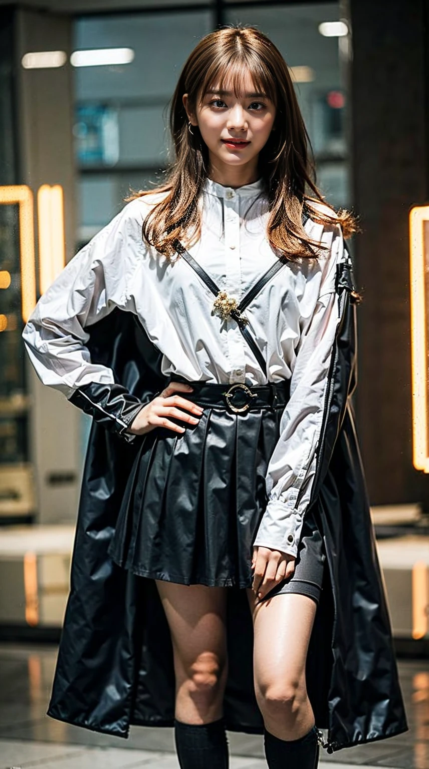 (8K、RAW photo、highest quality、masterpiece:1.2)、(realistic、Photoreal)、1 girl、I have a mole next to my eye、((Black mini dress、black boots、pink coat、Black ribbon at chest））、The skirt is rolled up、gal、lots of eyelashes、glitter on eyelids、black knee high socks、Skeletally correct、thighs open、wavy ponytail、、cute smile、sweaty body、attractive body beautiful perfect body、Beautifully aligned fingertips、Standing with hands on his hip