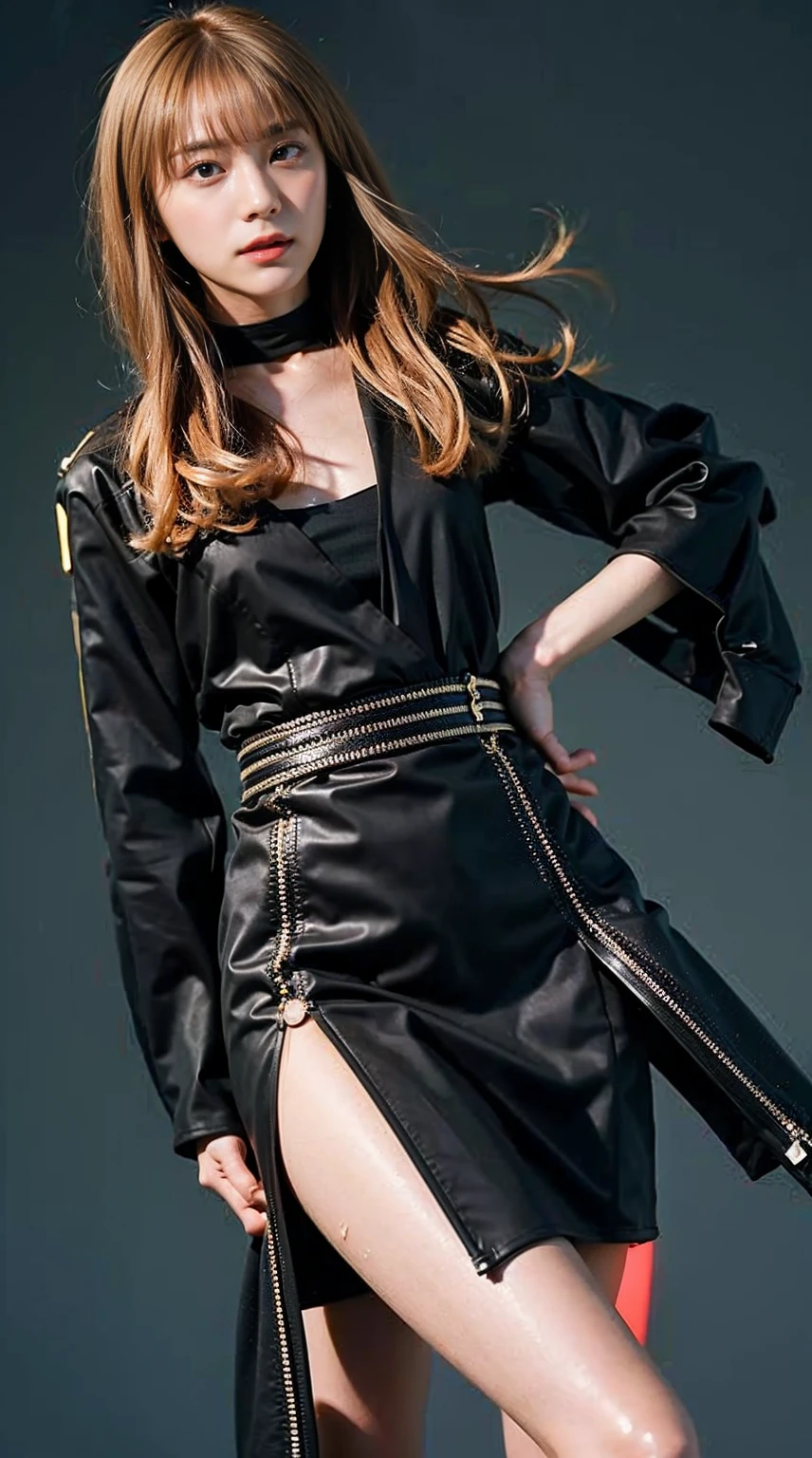 (8K、RAW photo、highest quality、masterpiece:1.2)、(realistic、Photoreal)、1 girl、I have a mole next to my eye、((Black mini dress、black boots、pink coat、Black ribbon at chest））、The skirt is rolled up、gal、lots of eyelashes、glitter on eyelids、black knee high socks、Skeletally correct、thighs open、straight long hair、blonde、cute smile、sweaty body、attractive body beautiful perfect body、Beautifully aligned fingertips、Standing with hands on his hip