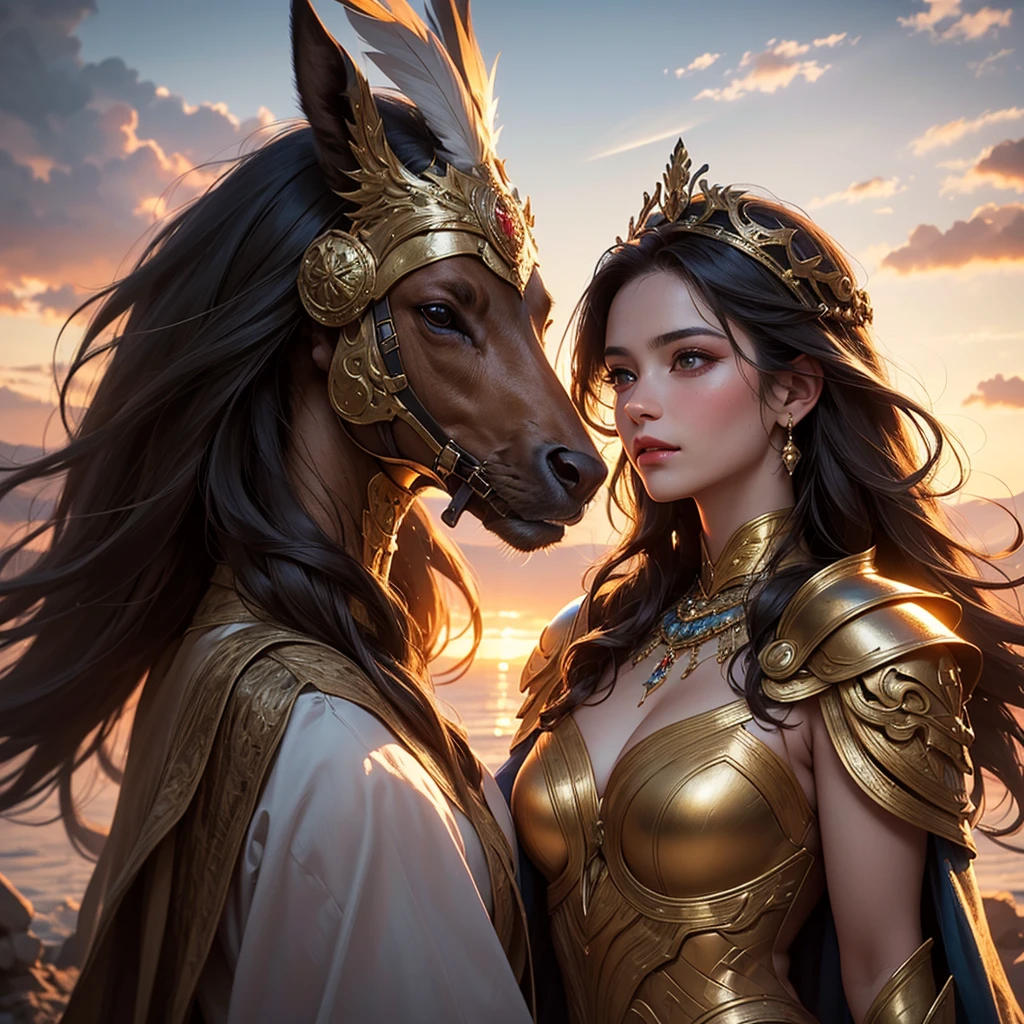 (best quality,4k,8k,highres,masterpiece:1.2),ultra-detailed,(realistic,photorealistic,photo-realistic:1.37),traditional painting,portrait,beautiful detailed eyes,beautiful detailed lips,extremely detailed face,warrior goddess,long flowing hair,wisdom,charming smile,Greek mythology,bronze armor,strong and confident posture,elegant gown,golden crown,feathers,shield,sword,victory,divine light,graceful,serene,mythical power,glorious sunrise