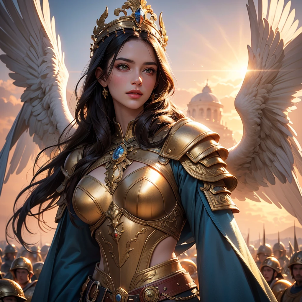 (best quality,4k,8k,highres,masterpiece:1.2),ultra-detailed,(realistic,photorealistic,photo-realistic:1.37),traditional painting,portrait,beautiful detailed eyes,beautiful detailed lips,extremely detailed face,warrior goddess,long flowing hair,wisdom,charming smile,Greek mythology,bronze armor,strong and confident posture,elegant gown,golden crown,feathers,shield,sword,victory,divine light,graceful,serene,mythical power,glorious sunrise