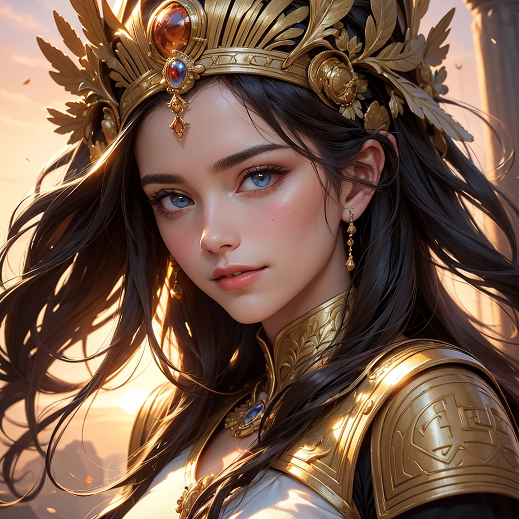 (best quality,4k,8k,highres,masterpiece:1.2),ultra-detailed,(realistic,photorealistic,photo-realistic:1.37),traditional painting,portrait,beautiful detailed eyes,beautiful detailed lips,extremely detailed face,warrior goddess,long flowing hair,wisdom,charming smile,Greek mythology,bronze armor,strong and confident posture,elegant gown,golden crown,feathers,shield,sword,victory,divine light,graceful,serene,mythical power,glorious sunrise