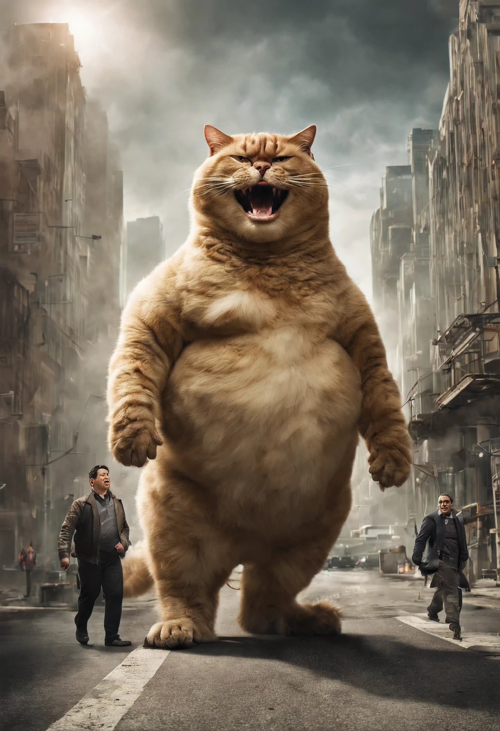 ((masterpiece, best quality, professional photography)), a giant fat cat is destroying the city like Godzilla, wearing smoking, (sinister smile expression:1.3), (fat:1.4), full height portrait, (best quality:1.6), (best quality:1.6)