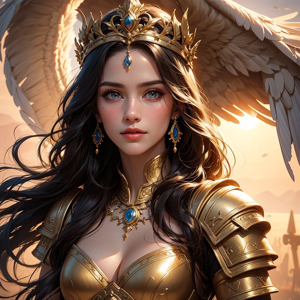 (best quality,4k,8k,highres,masterpiece:1.2),ultra-detailed,(realistic,photorealistic,photo-realistic:1.37),traditional painting,portrait,beautiful detailed eyes,beautiful detailed lips,extremely detailed face,warrior goddess,long flowing hair,wisdom,charming smile,Greek mythology,bronze armor,strong and confident posture,elegant gown,golden crown,feathers,shield,sword,victory,divine light,graceful,serene,mythical power,glorious sunrise