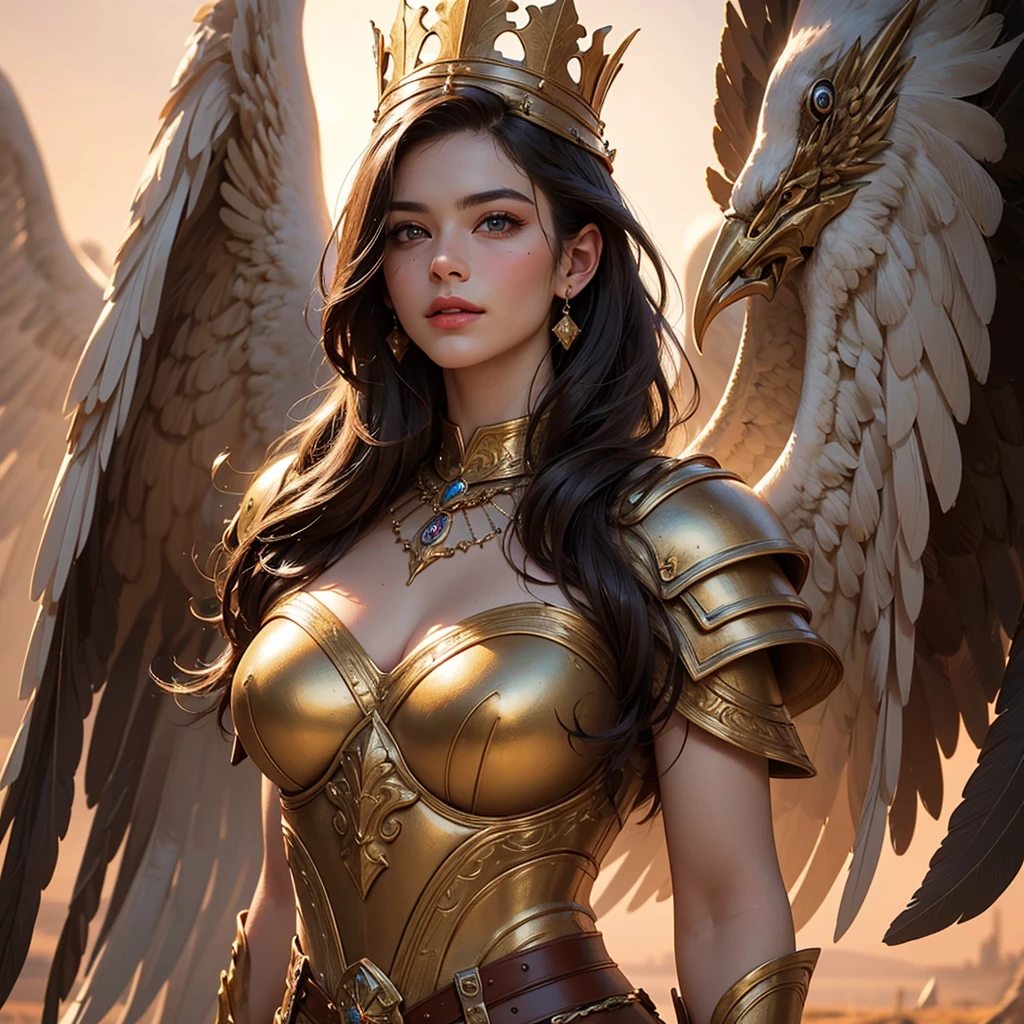 (best quality,4k,8k,highres,masterpiece:1.2),ultra-detailed,(realistic,photorealistic,photo-realistic:1.37),traditional painting,portrait,beautiful detailed eyes,beautiful detailed lips,extremely detailed face,warrior goddess,long flowing hair,wisdom,charming smile,Greek mythology,bronze armor,strong and confident posture,elegant gown,golden crown,feathers,shield,sword,victory,divine light,graceful,serene,mythical power,glorious sunrise