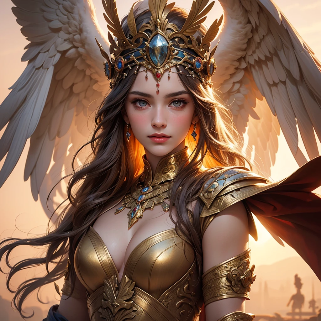 (best quality,4k,8k,highres,masterpiece:1.2),ultra-detailed,(realistic,photorealistic,photo-realistic:1.37),traditional painting,portrait,beautiful detailed eyes,beautiful detailed lips,extremely detailed face,warrior goddess,long flowing hair,wisdom,charming smile,Greek mythology,bronze armor,strong and confident posture,elegant gown,golden crown,feathers,shield,sword,victory,divine light,graceful,serene,mythical power,glorious sunrise