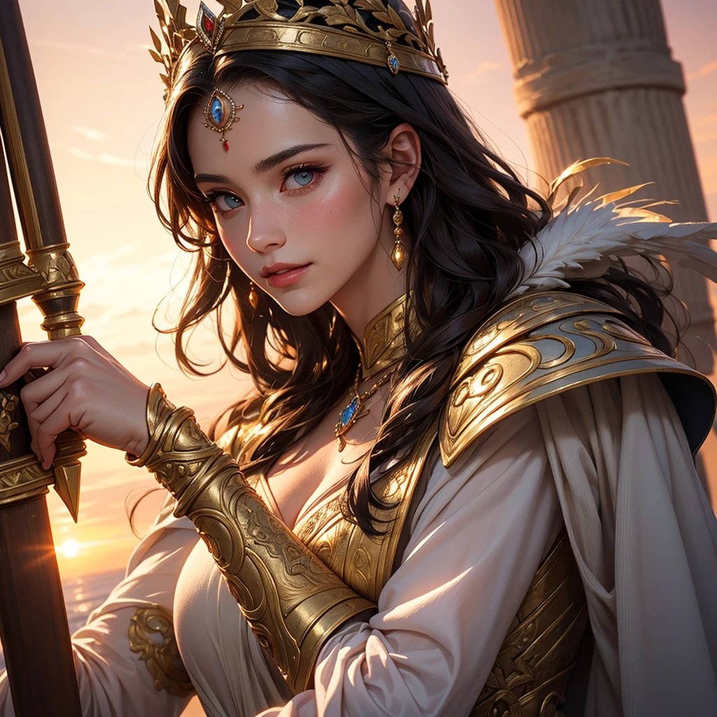 (best quality,4k,8k,highres,masterpiece:1.2),ultra-detailed,(realistic,photorealistic,photo-realistic:1.37),traditional painting,portrait,beautiful detailed eyes,beautiful detailed lips,extremely detailed face,warrior goddess,long flowing hair,wisdom,charming smile,Greek mythology,bronze armor,strong and confident posture,elegant gown,golden crown,feathers,shield,sword,victory,divine light,graceful,serene,mythical power,glorious sunrise
