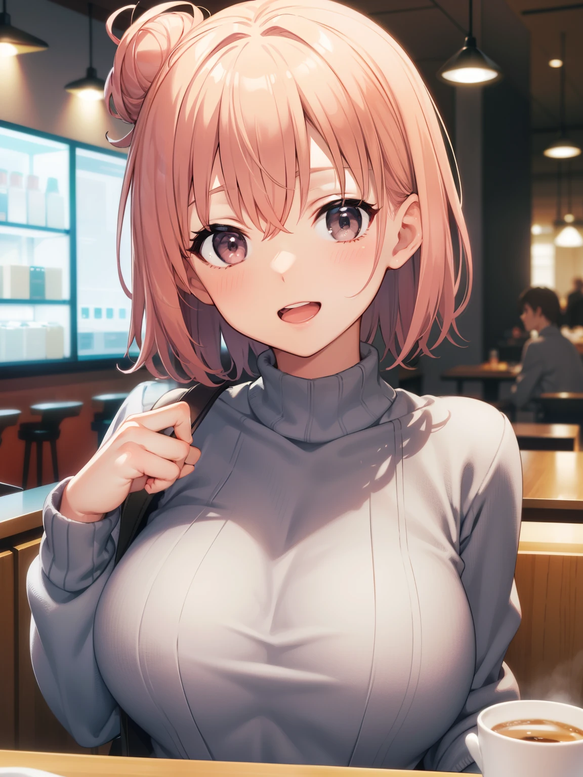 Yuigahama Yui, short hair, brown eyes, Pink hair,  single bun hair, 
1girl,  

looking at viewer, 
(masterpiece:1.2), highest quality, High resolution, unity 8k wallpaper,  (beautiful and fine eyes), highly detailed face, perfect lighting, Very detailed CG, (perfect anatomy),

blush, smile, open mouth,  
big breasts, focus breasts, Heavy breasts, 
upper body, 
gray ruffle knit sweater, 
Cafe Background, blur the background, 