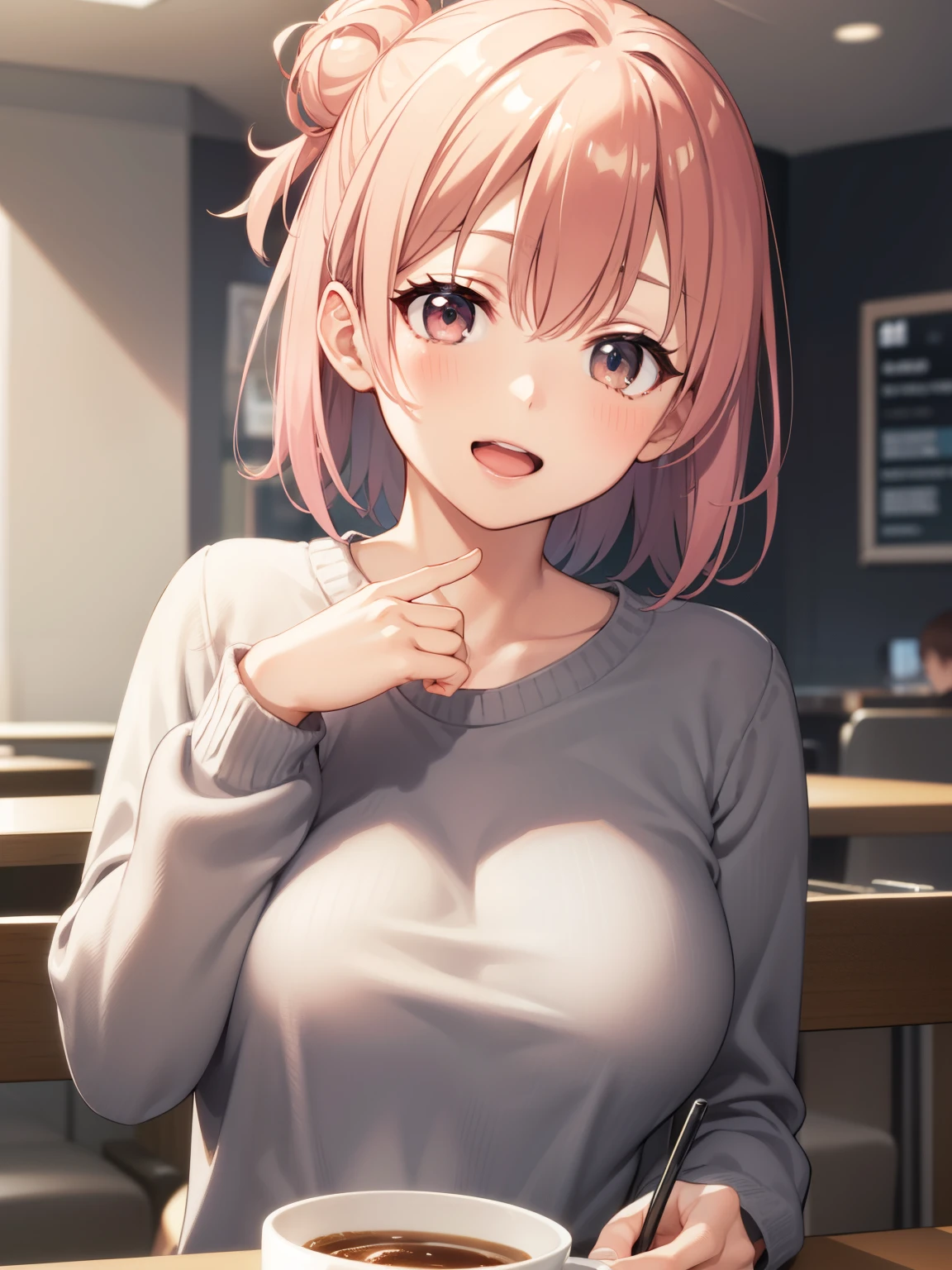 ((muste piece, best quality, High resolution, ticker, perfect pixel, Depth of bounds written, In 4K, )), 1 girl, solo, , beautiful anime girl, beautiful art style, 
close up of breasts, Looking at Viewer, 
perfect body,  

Yuigahama Yui, short hair, big , pink hair, 

full face blush,  open mouth, (empty eyes,  heart-shaped pupil, pink eyes:1.2), smile, 
teacher, 
white collared shirt, black skirt, 
in classroom,  
From above, POV handjob,
upper glance,