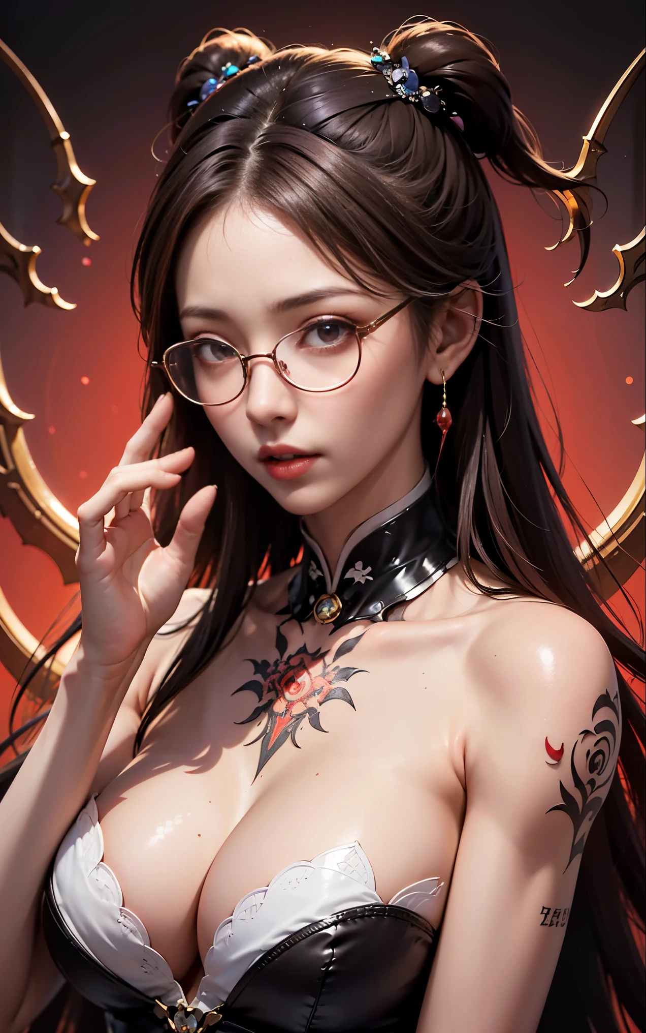 Are you okayですか、(best illustrations)、8k UHD resolution、intricate details、highest quality、realistic、Super detailed、best lighting、best shadows、soft lighting、Ultra HD、超realistic、Tyndall effect、Photoreal、(high detail skin:1.2)、 (intricate details, compensate, face to face with the children_v1:0.5), (Fine, beautiful and delicate face, Are you okay, beautiful and delicate eyes, perfectly proportioned face, high resolution skin, fine skin, Optimal ratio of 4 fingers and 1 thumb, arm under chest, red tattoo on lower abdomen、wow wow, wide hips, smooth abdomen, thin and thin skin, __fashion__, __hair__:1.25)、Digital single-lens reflex camera、 absurd、(table top: 1.3), (maximum resolution: 1.2), (Ultra HDTV: 1.2), cinematic light, fine eyes and skin, detailed facial features, , (sharp focus: 1.2）, (focus on face:1.2),perfect style, beautiful face, acura, anatomically correct, Highly detailed face and skin texture, fine eyes, double eyelid, thin eyebrows, glitter eyeliner: 1 natural cheeks, Glossy skin, Fair skin: 1.2, (glossy lips: 1.4),(embarrassed look: 1.2),Highly detailed face and skin texture, fine eyes, double eyelid, natural cheeks,  glossy lips: 1.4,exposed cleavage、Bewitching。attractive、 Beautiful devil woman from hell, Surreal female portraits by David Hockney and Alphonse Mucha, attractive女性の肖像画、fantasy art, chinese doll、Chinese actress、dungeon、dragon、devil&#39;s palace、devil&#39;s torture chamber、night、dark style 、in the dark、(detailed spooky background:0.8), magic、 1 girl、evil nun、dark necromancer、Succubus、devil&#39;s daughter、Shinonome Umi、bat wings，(((devil&#39;s horns)))、 ((((giant glasses, otaku glasses, thick glasses, round glasses)))),(((big breasts)))、(devil&#39;s tail)、(red eyesは光り輝いて:1.6)、red eyesは非常に鮮明で詳細です, The eyes are made up very beautifully, ((red eyes:1.0)),intricate tattoo, demonic intricate tattoo, Tattoo on the thigh, body tattoo, masterpiece、最もbeautiful face、baby face、cute smile、beautiful plump red lips、筋肉のattractive体、悪魔のattractive体、devil style、attractiveブラックマジックコスチューム、The long-haired、Braid、Black hair、Ponytail distortion、, Ponytail with a bow tied at the back of the hair, beautiful expression、body up、big breasts強調、bust,  super tight chest, Breast augmentation surgery, The chest is very large and round,tight waist、wide ass、 discreet key, cowboy lens, (Black Phoenix Dress: 1.0),  devil crown,  red sparkling gemstone necklace、Jewelry G Wise,  Please wear black mesh socks,Wear light red、nffsw, nffsw, meet beautiful girls, look at the girl&#39;s body, 