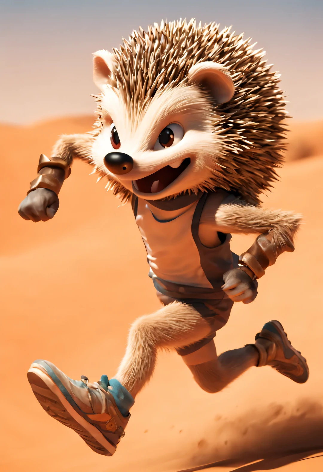 Hedgehog puppet runs marathon in desert, with running action, dynamic action, and rampage