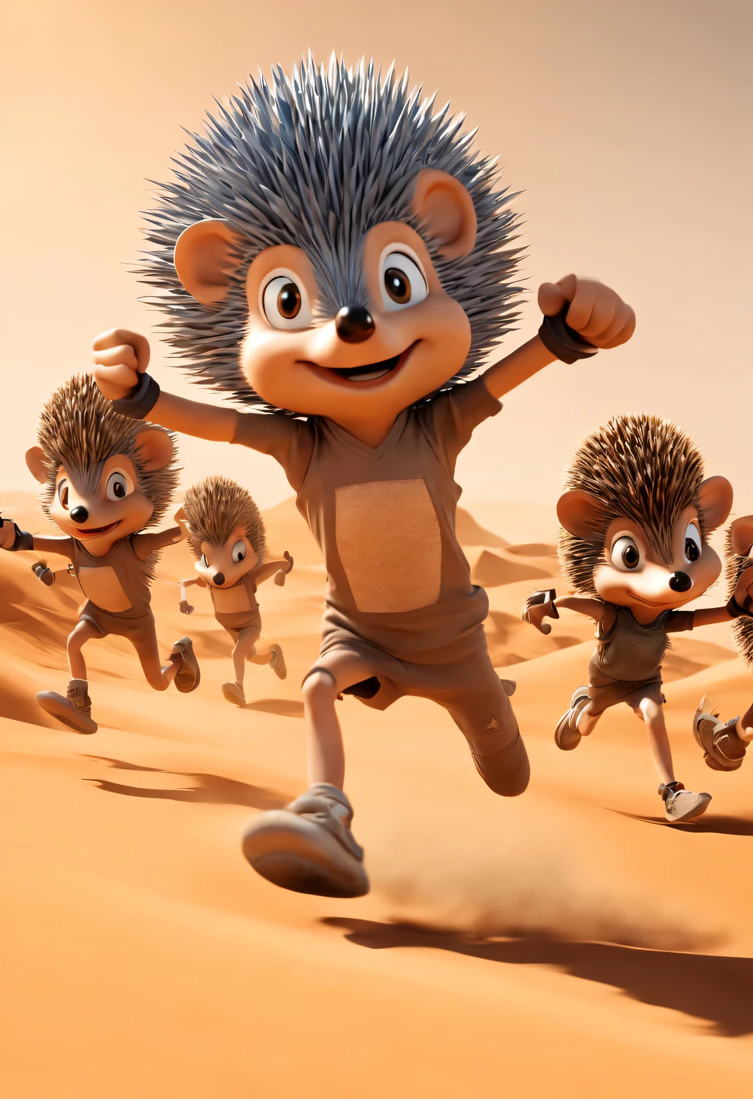 Graffiti art style, Beautiful detailed，Hedgehog puppet runs marathon in desert, with running action, dynamic action, and rampage
