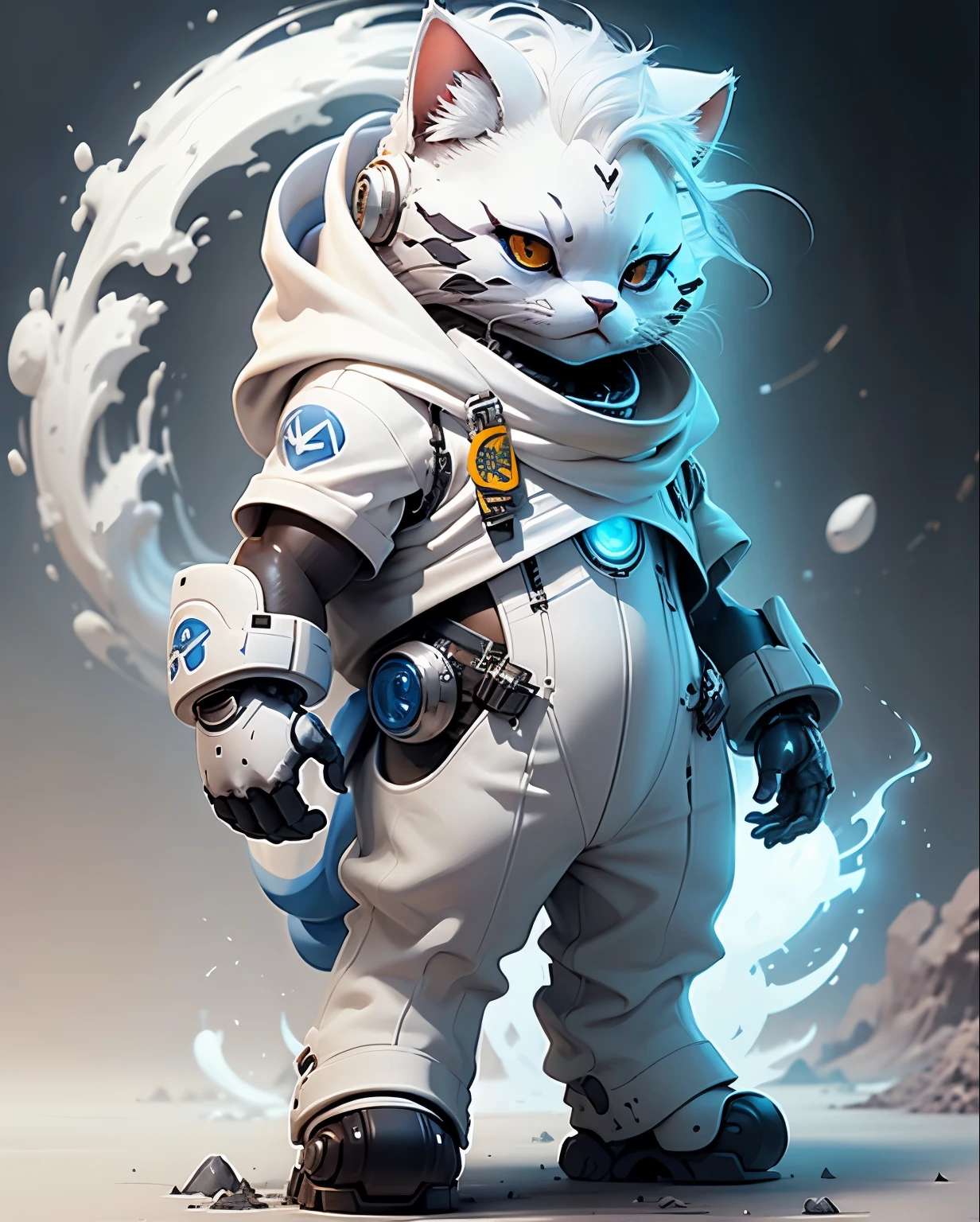 c4tt4stic, white hair cat wearing white and blue futuristic space suit. standing, stunning style. background alien planet surface.