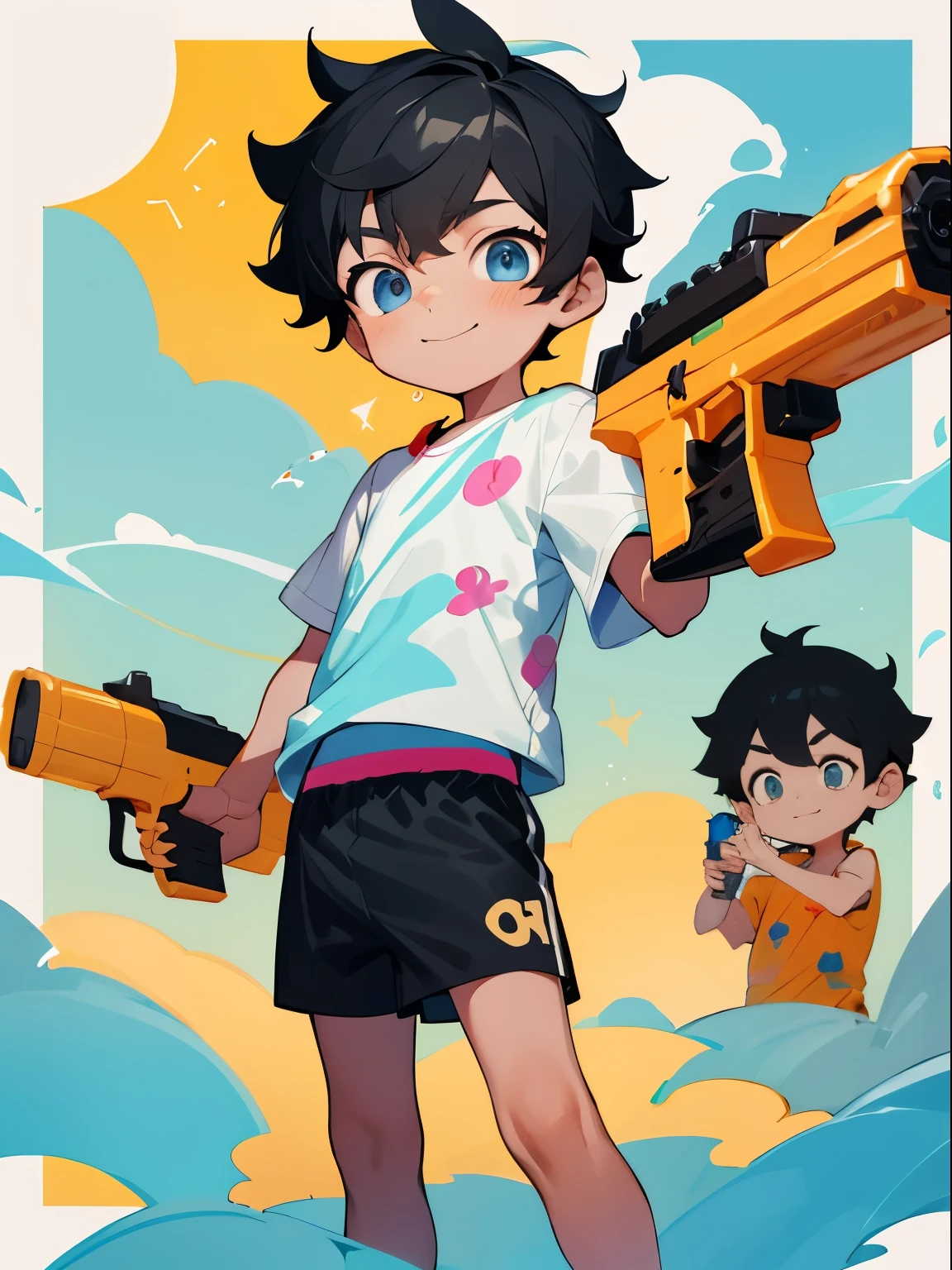 Shota，black color hair，ddlers，Blue eyes， Q version， Cutes， to stand， Master masterpieces， high resolucion，8K，detailedbackground，highly quality，Libido boy，独奏，swimming trunks，sandbeach，Happy expression，water gun