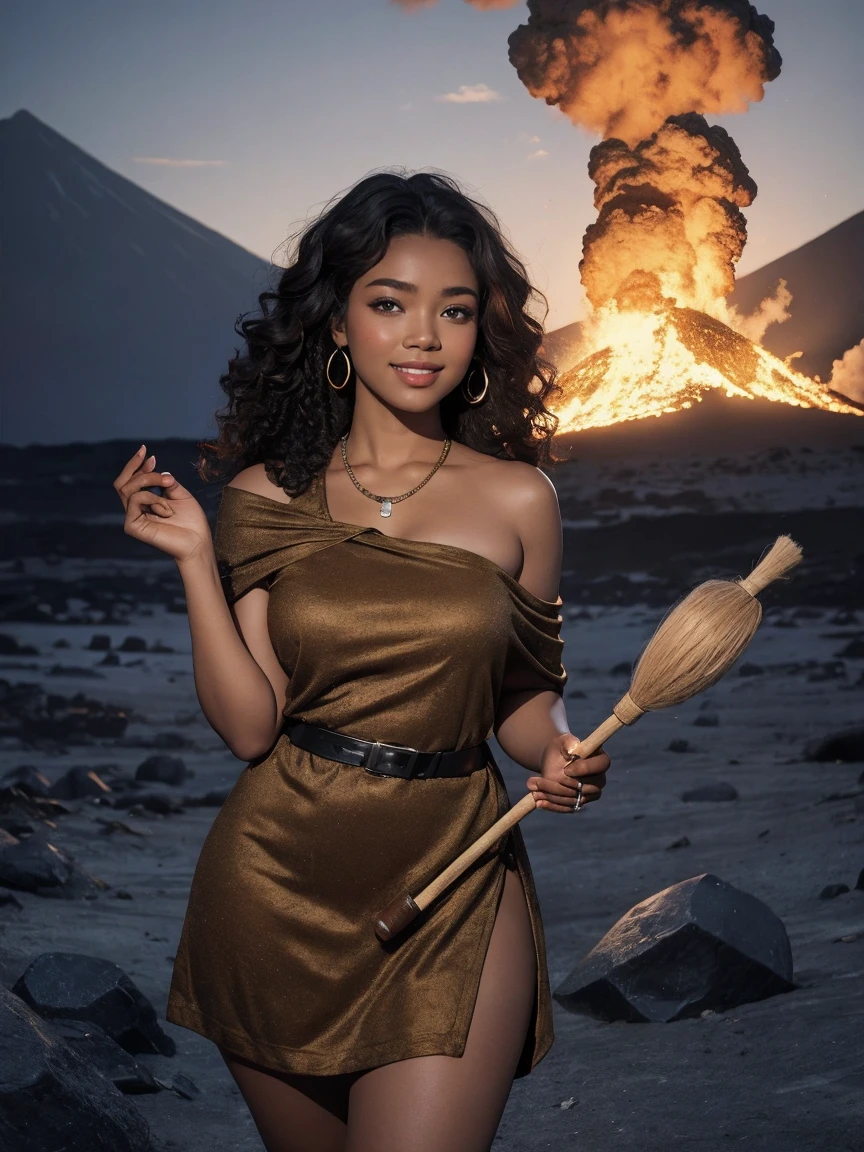 highest quality、masterpiece、ultra high resolution、(realistic:1.4)、Beautiful woman、Take a full body photo、beautiful eyes and skin details、smile、Brown curly hair、Primitive fur one-shoulder mini dress、dark skin、holding a stone club in hand、A volcano erupts in the background、is hunting