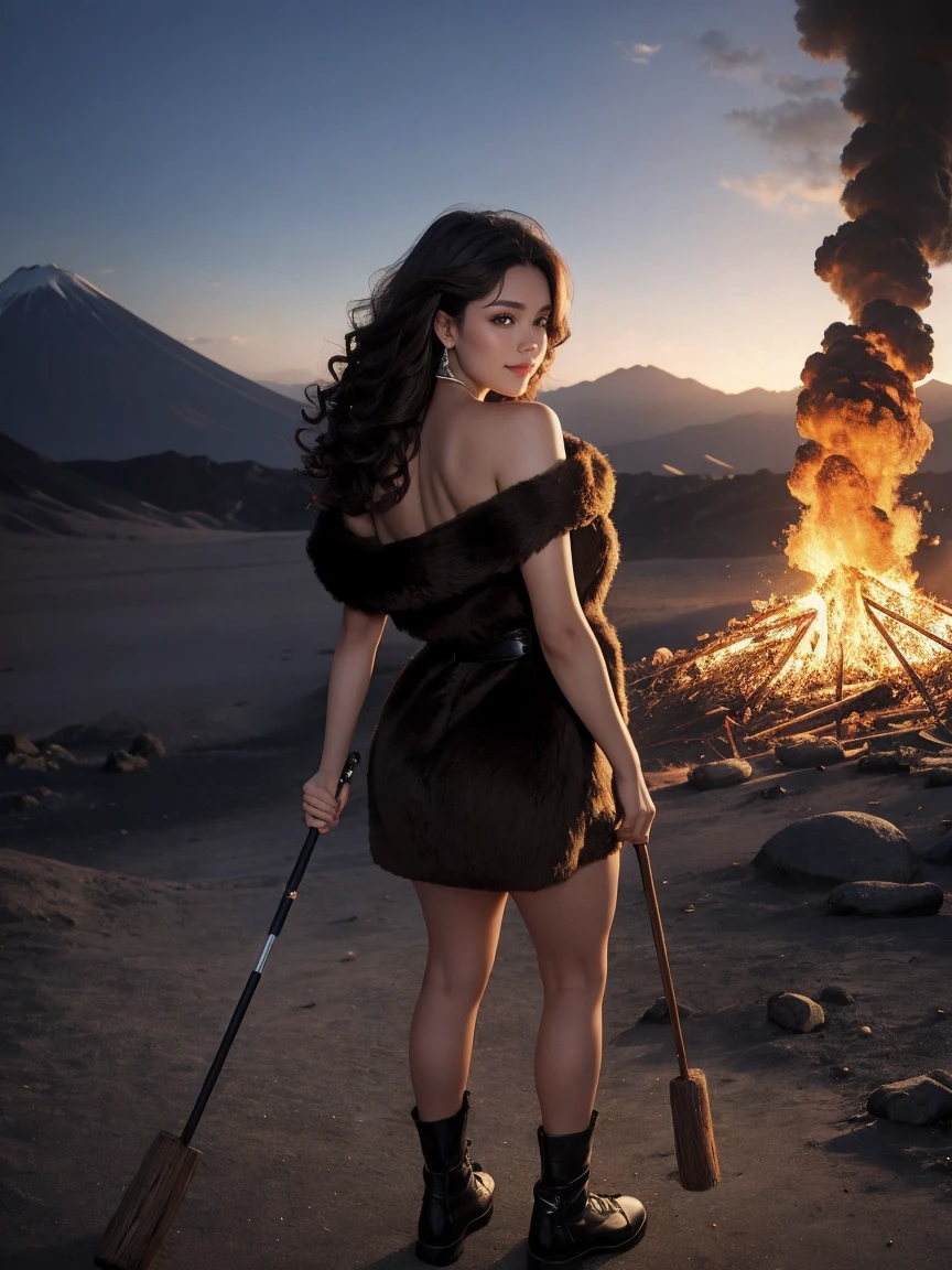 highest quality、masterpiece、ultra high resolution、(realistic:1.4)、Beautiful woman、Take a full body photo、beautiful eyes and skin details、smile、Brown curly hair、Primitive fur one-shoulder mini dress、dark skin、holding a stone club in hand、A volcano erupts in the background、is hunting