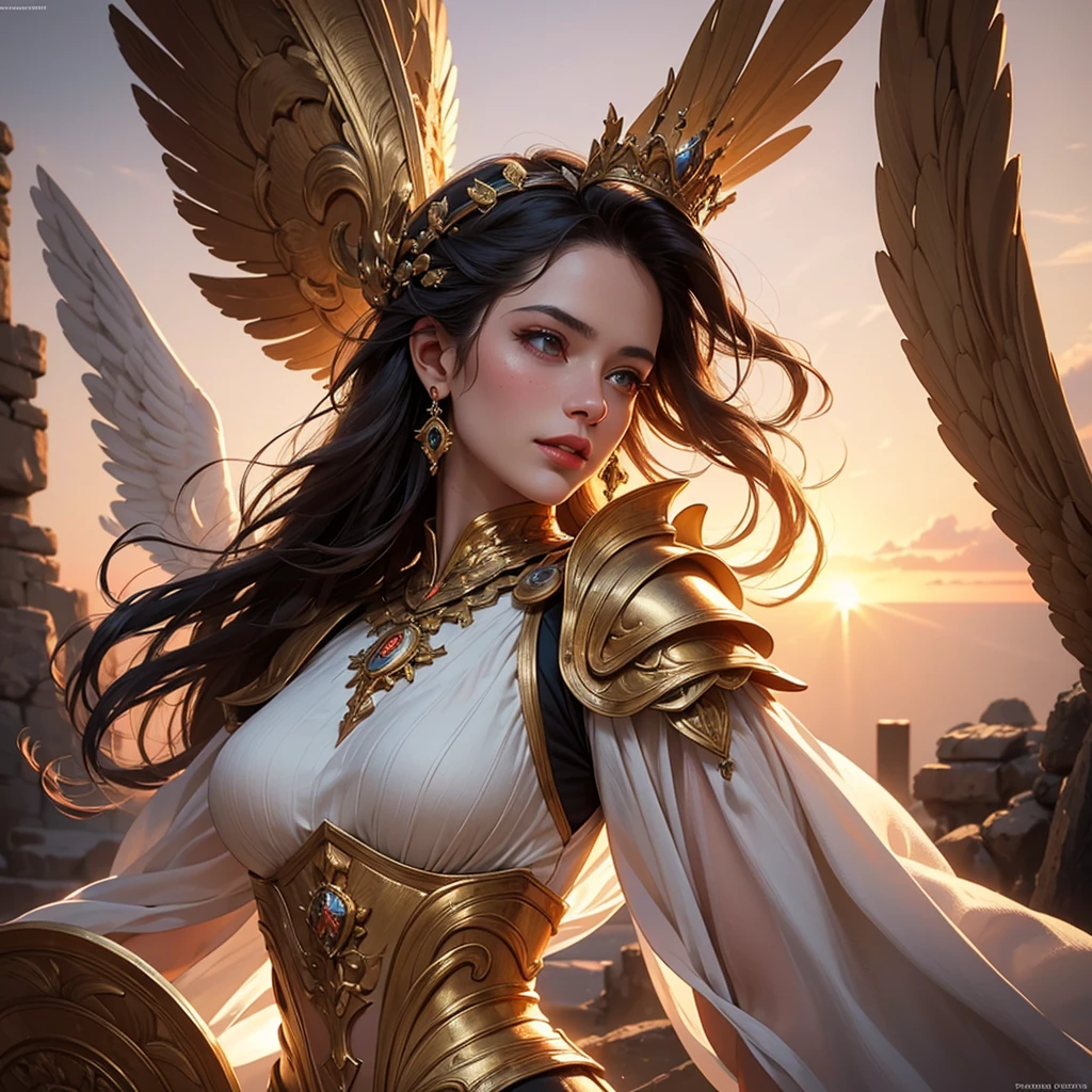 (best quality,4k,8k,highres,masterpiece:1.2),ultra-detailed,(realistic,photorealistic,photo-realistic:1.37),traditional painting,portrait,beautiful detailed eyes,beautiful detailed lips,extremely detailed face,warrior goddess,long flowing hair,wisdom,charming smile,Greek mythology,bronze armor,strong and confident posture,elegant gown,golden crown,feathers,shield,sword,victory,divine light,graceful,serene,mythical power,glorious sunrise