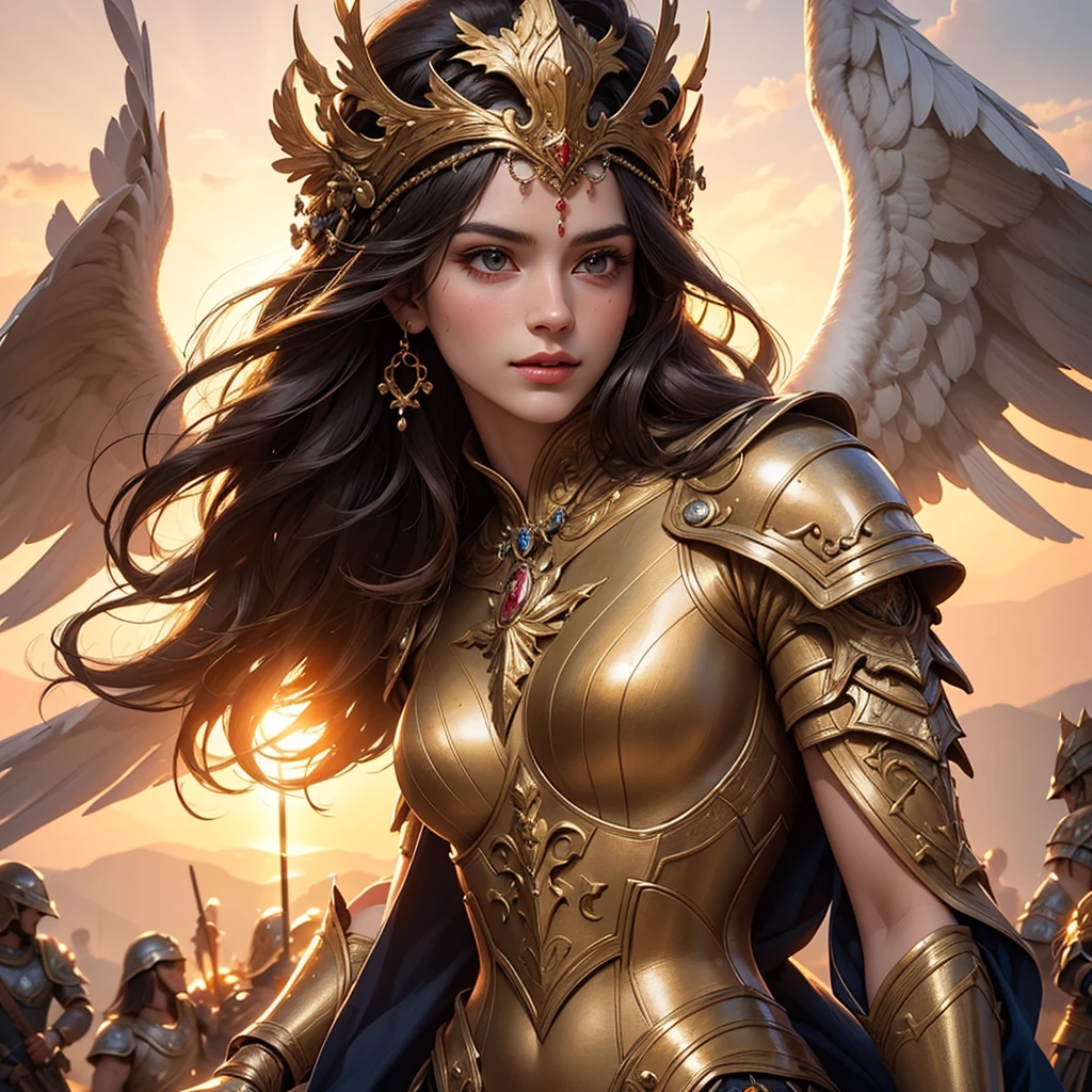 (best quality,4k,8k,highres,masterpiece:1.2),ultra-detailed,(realistic,photorealistic,photo-realistic:1.37),traditional painting,portrait,beautiful detailed eyes,beautiful detailed lips,extremely detailed face,warrior goddess,long flowing hair,wisdom,charming smile,Greek mythology,bronze armor,strong and confident posture,elegant gown,golden crown,feathers,shield,sword,victory,divine light,graceful,serene,mythical power,glorious sunrise