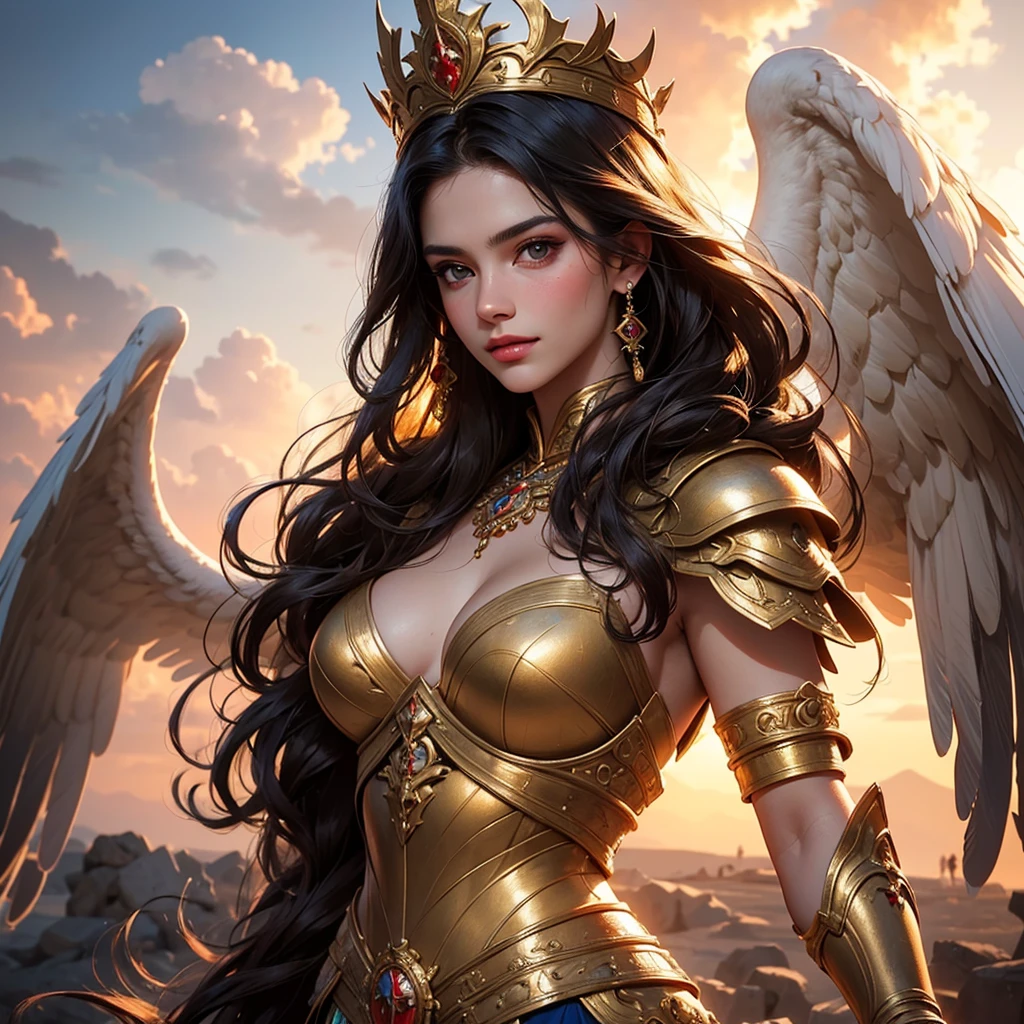 (best quality,4k,8k,highres,masterpiece:1.2),ultra-detailed,(realistic,photorealistic,photo-realistic:1.37),traditional painting,portrait,beautiful detailed eyes,beautiful detailed lips,extremely detailed face,warrior goddess,long flowing hair,wisdom,charming smile,Greek mythology,bronze armor,strong and confident posture,elegant gown,golden crown,feathers,shield,sword,victory,divine light,graceful,serene,mythical power,glorious sunrise