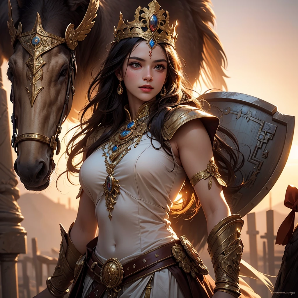 (best quality,4k,8k,highres,masterpiece:1.2),ultra-detailed,(realistic,photorealistic,photo-realistic:1.37),traditional painting,portrait,beautiful detailed eyes,beautiful detailed lips,extremely detailed face,warrior goddess,long flowing hair,wisdom,charming smile,Greek mythology,bronze armor,strong and confident posture,elegant gown,golden crown,feathers,shield,sword,victory,divine light,graceful,serene,mythical power,glorious sunrise