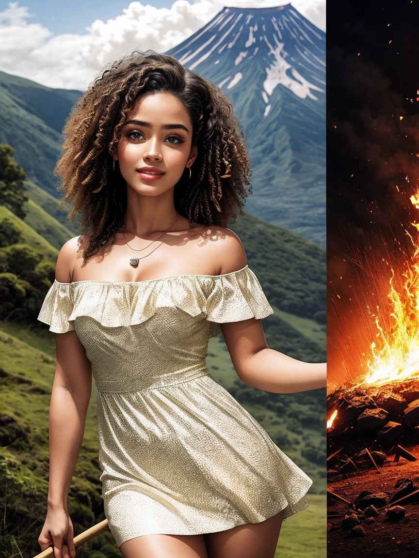 highest quality、masterpiece、ultra high resolution、(realistic:1.4)、Beautiful woman、Take a full body photo、beautiful eyes and skin details、smile、Brown curly hair、Primitive fur one-shoulder mini dress、dark skin、holding a stone club in hand、A volcano erupts in the background、is hunting