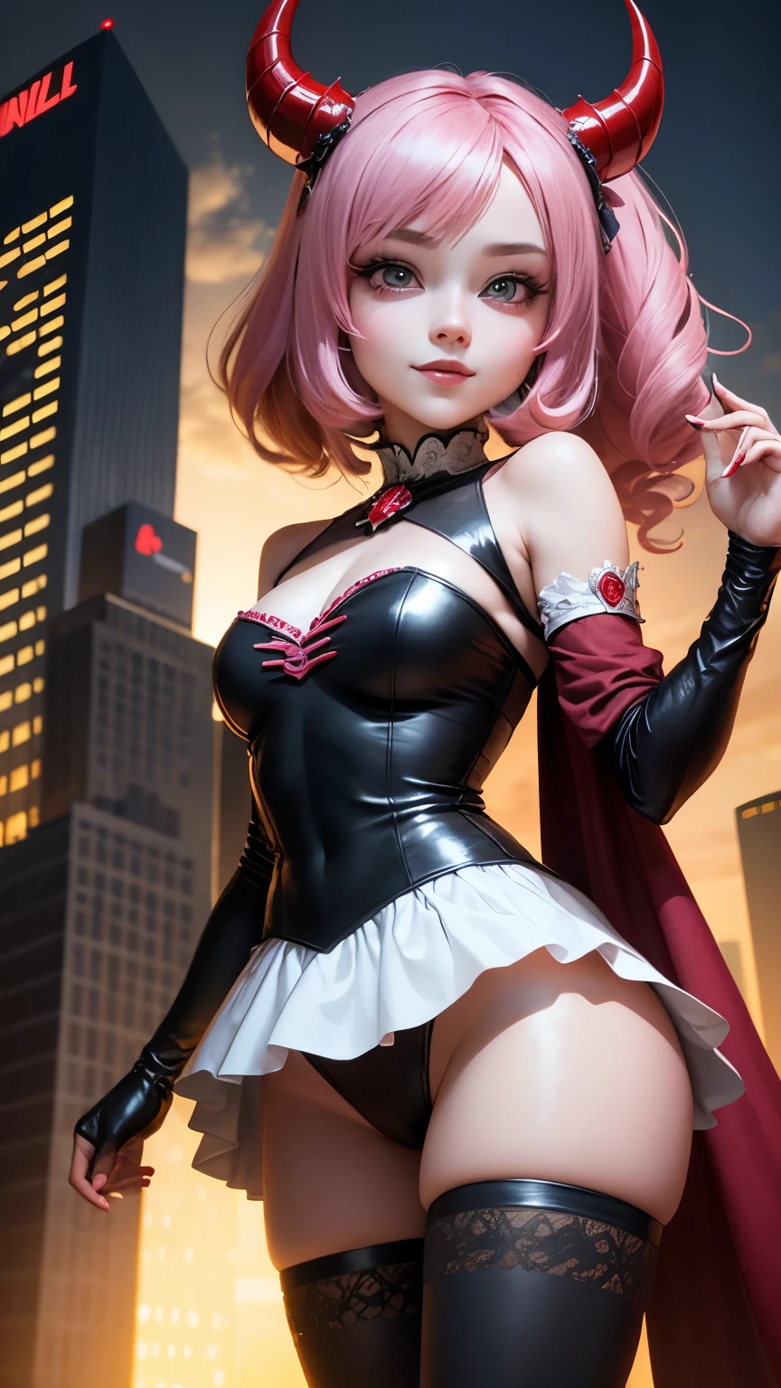 highest quality, masterpiece, 1 girl, smile, chibi girl、3D rendering、Devil Cosplay、night、skyscraper