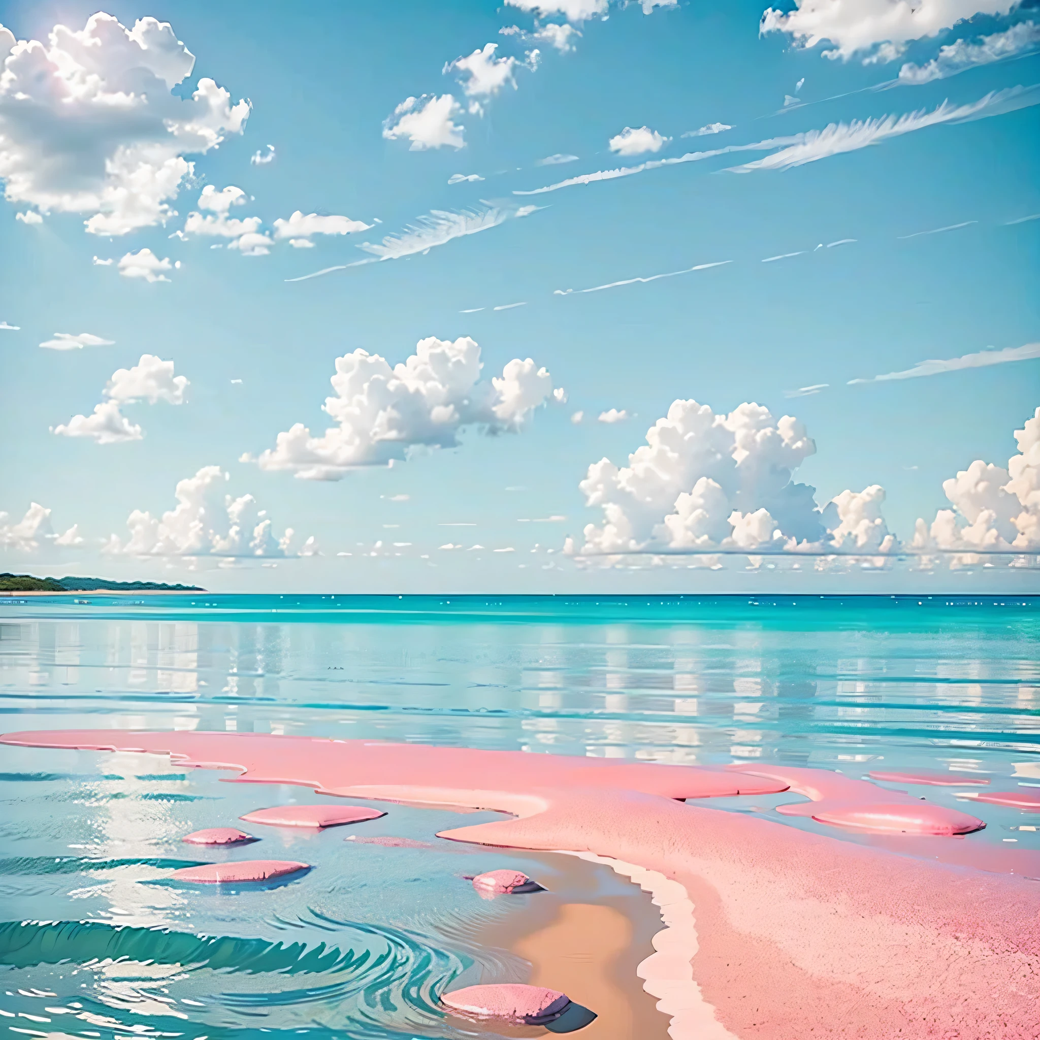 light blue sky and a few clouds,Endless pink ocean,The picture is beautiful