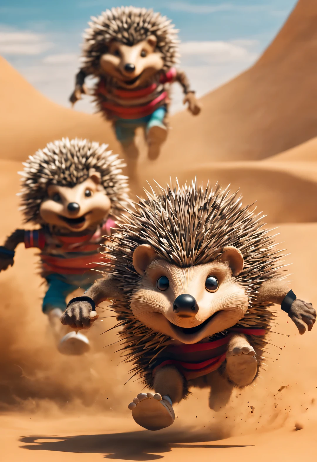 Graffiti art style, Beautiful detailed，Hedgehog puppet runs marathon in desert, with running action, dynamic action, and rampage