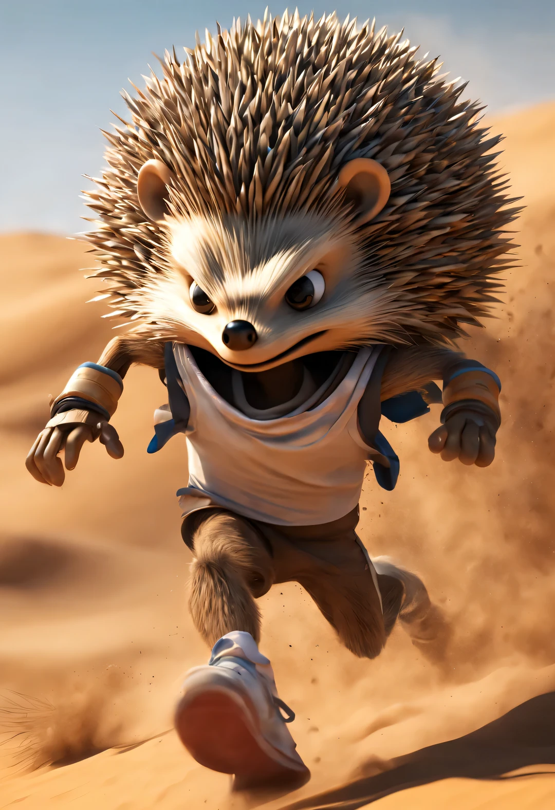 Graffiti art style, Beautiful detailed,Hedgehog puppet runs marathon in desert, with running action, dynamic action, and rampage