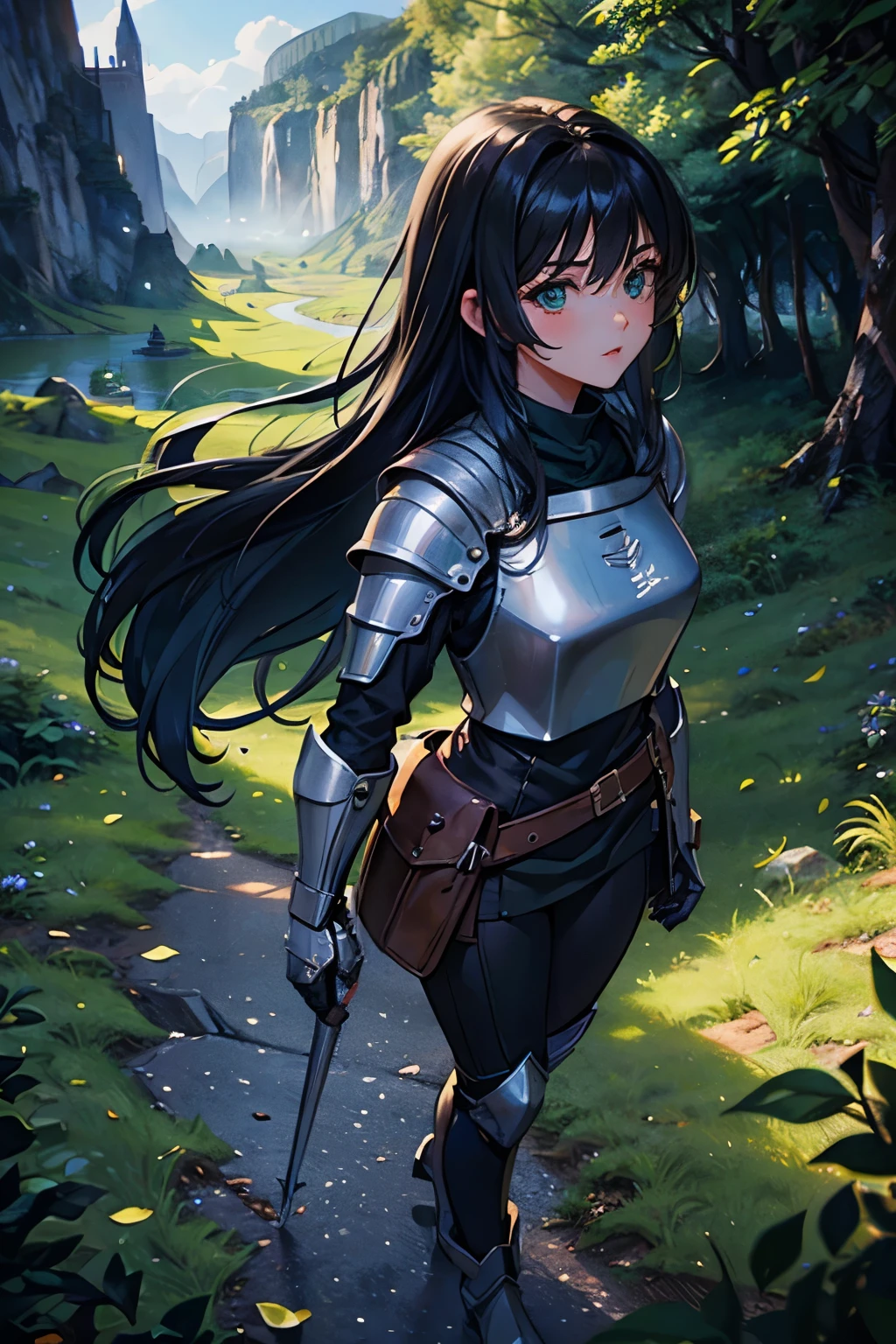 (((masterpiece))), (((best quality))), ((ultra-detailed)), (cinematic lighting), (illustration), (beautiful detailed eyes), (1girl), full body, space, knight, armour, light hair, walking, castle in distance, best quality, expressive eyes, perfect face, Girl: (20s, black hair, long hair, dark green baggy shirt, armour),