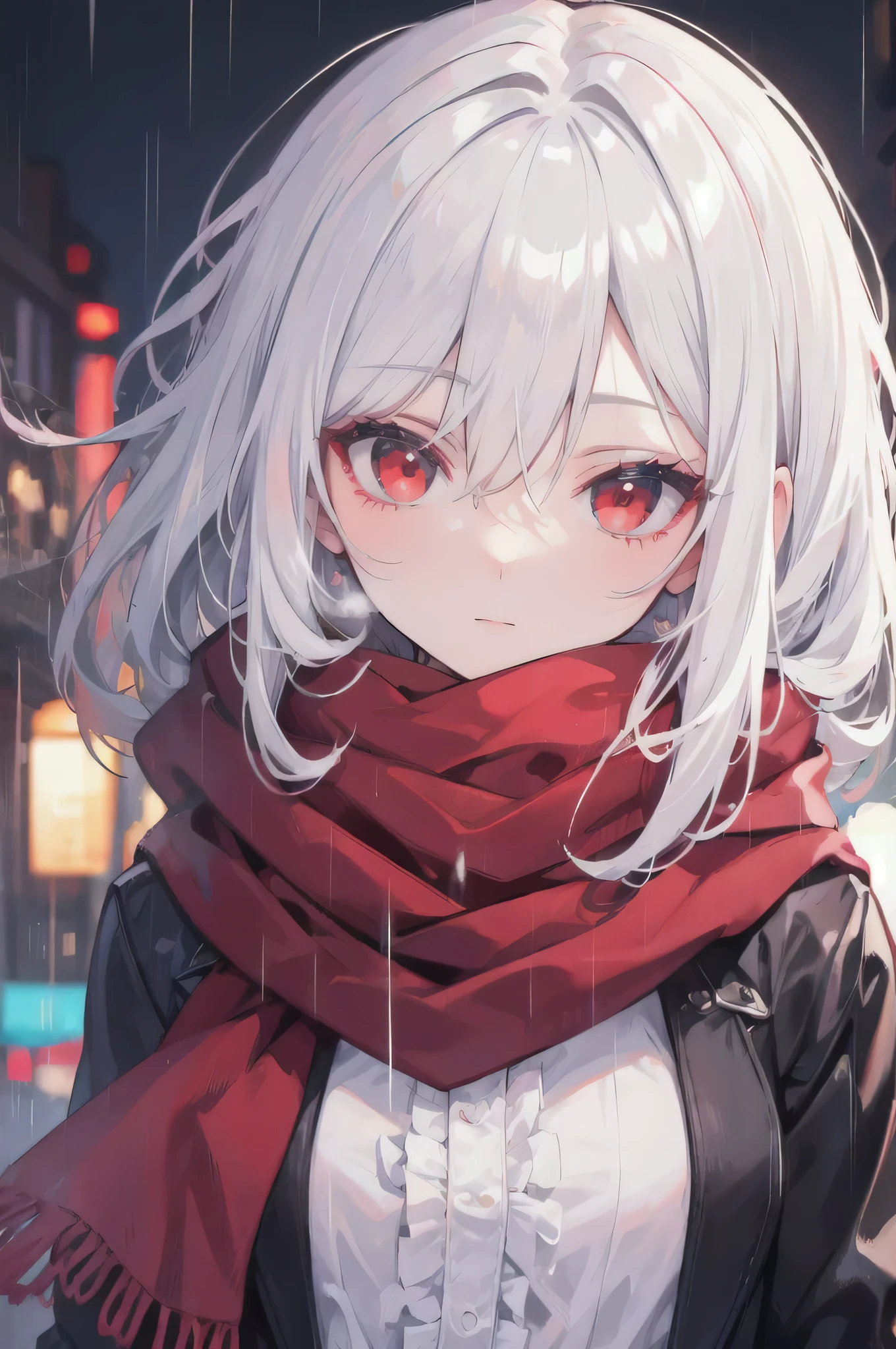 ((best quality)), ((masterpiece)), (detailed), perfect face, white hair, red eyes, red scarf, rain, night city