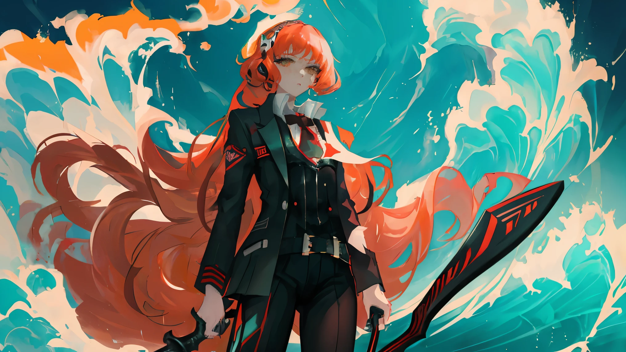 A masterpiece of absurdity，an anime girl，Standing on a whaling boat，Great waves are raging，Lightning，heavily clouded，violent storm，serious expression，Extra long red hair，heavily clouded的夜晚，Take a harpoon, , zero art, girl in suit, Orange hair anime girl, from limbus company , Ishmael , Persona 5 art style wlop, guweiz style artwork, Popular topics on artstation pixiv