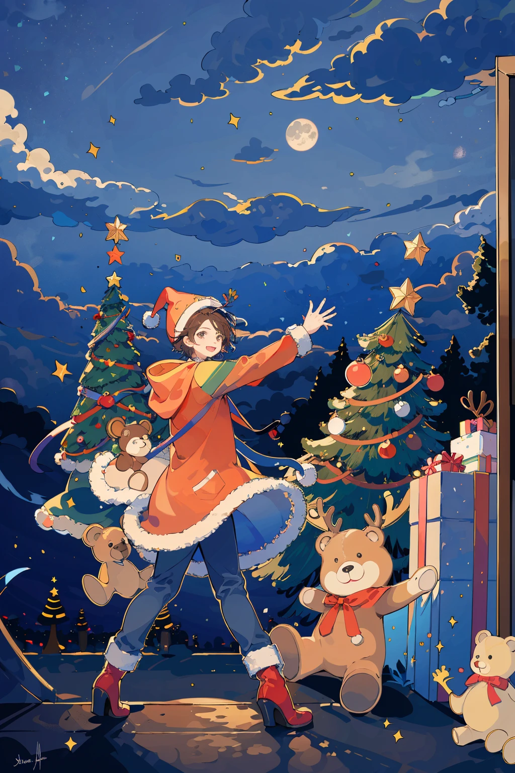 (masterpiece:1.2), best quality,PIXIV, 
fairy tale style, stuffed animal, stuffed toy, teddy bear, 1boy, gift, open mouth, hat, cloud, smile, night, christmas, red headwear, christmas tree, sky, , hood, signature, brown hair, santa hat, hood down, box, gift box, hoodie, short hair, night sky, star \(symbol\), tree, long sleeves, moon, jacket
 