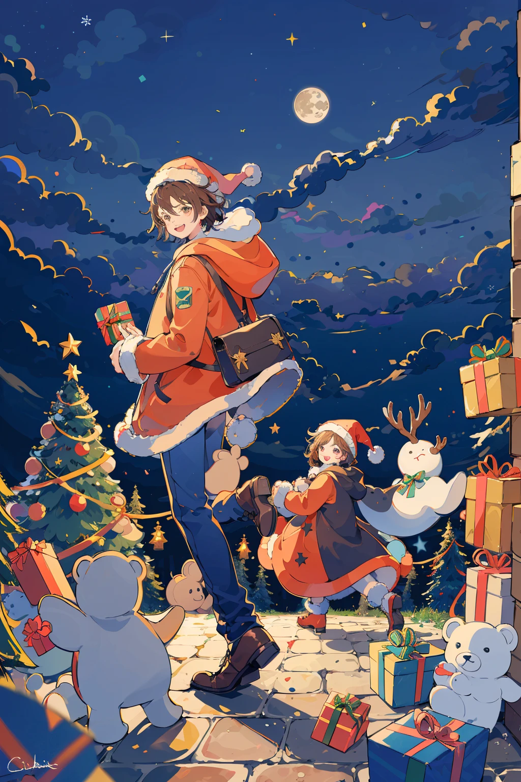 (masterpiece:1.2), best quality,PIXIV, 
fairy tale style, stuffed animal, stuffed toy, teddy bear, 1boy, gift, open mouth, hat, cloud, smile, night, christmas, red headwear, christmas tree, sky, , hood, signature, brown hair, santa hat, hood down, box, gift box, hoodie, short hair, night sky, star \(symbol\), tree, long sleeves, moon, jacket
 