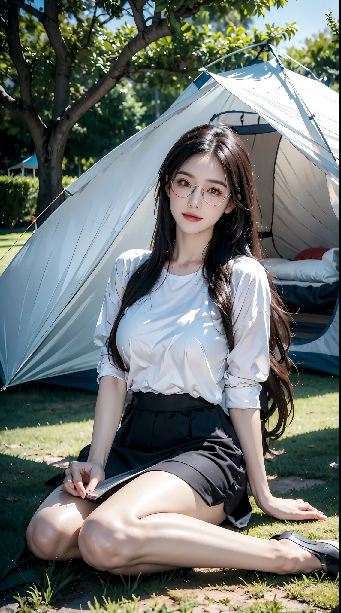Young sits on the grass reading a book, long black curly hair, wearing glasses, delicate smile, bright brown eyes, looking up at the sky, lamp light, whole body, under a huge tree, farther view, a tent in the background, starry sky, illuminated night, photographic effect, 8k, super detailed, hyper realistic.
