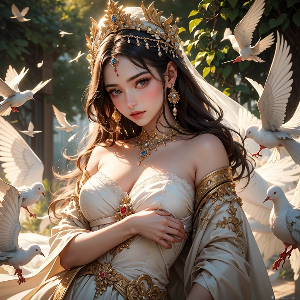 (best quality,4k,8k,highres,masterpiece:1.2),ultra-detailed,(realistic,photorealistic,photo-realistic:1.37),Venus,mythological,beautiful goddess,charming,elegant,graceful,celestial,serene,perfect features,flowing hair,statuesque figure,soft,ethereal,glowing skin,alluring gaze,mesmerizing,romantic surroundings,symbol of love,desire and beauty,radiating love,love's embrace,sparkling eyes,delicate lips,decorative headdress,embellished jewelry,draped in flowing garments,garden of flowers,blooming roses,butterflies,doves,fountain of love,soft sunlight,golden hues,subtle candlelight,sublime beauty,sensual,picturesque,classic painting,elegant colors,divine presence,mythical paradise,whispers of romance,dream-like atmosphere,charming aura,intimate setting.