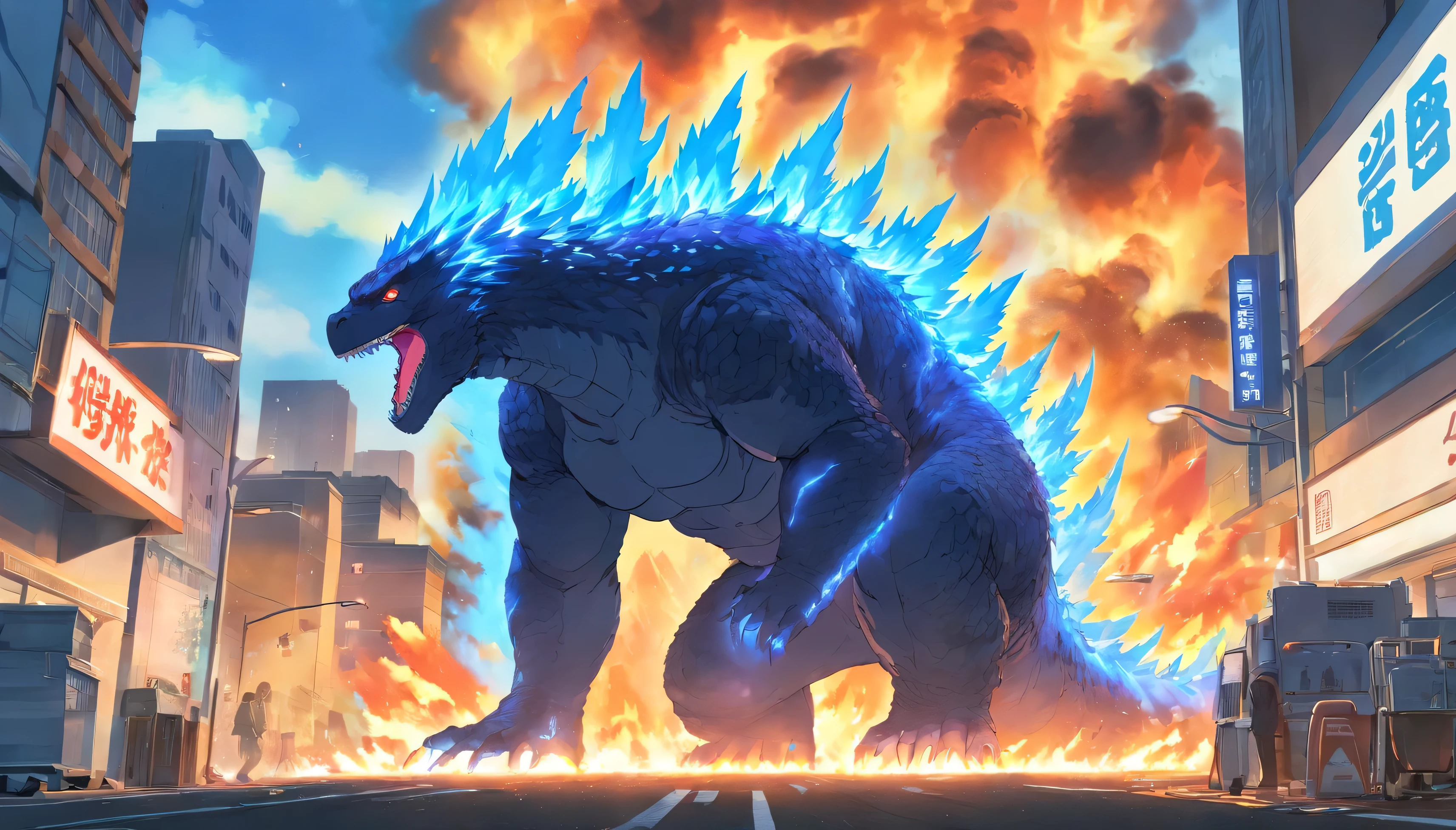 Godzilla in the year 2350 ((breathing neon blue flames from his mouth into the city destroying the city, flames in city with broken buildings,