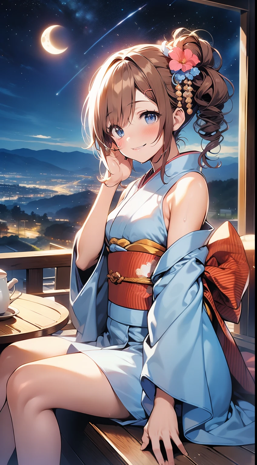 See the whole body,High quality contour light,reddish brown hair,Short Liuhai,blue eyes, beautiful eyelashes, blush:1.2, Japanese anime style,Low-cut gorgeous kimono,bare shoulders,Smile,side sitting position,At the deserted mountain viewing platform,Make tea with a teapot,Night moon starry sky snowing